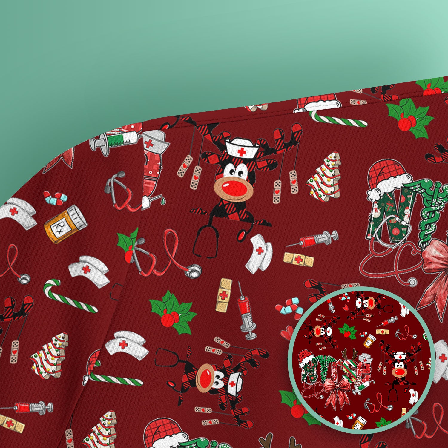 Whimsical Reindeer Christmas Scrub Top – Festive Holiday Reindeer Pattern – Cute Medical Uniform for Nurses, Vets and Healthcare Workers
