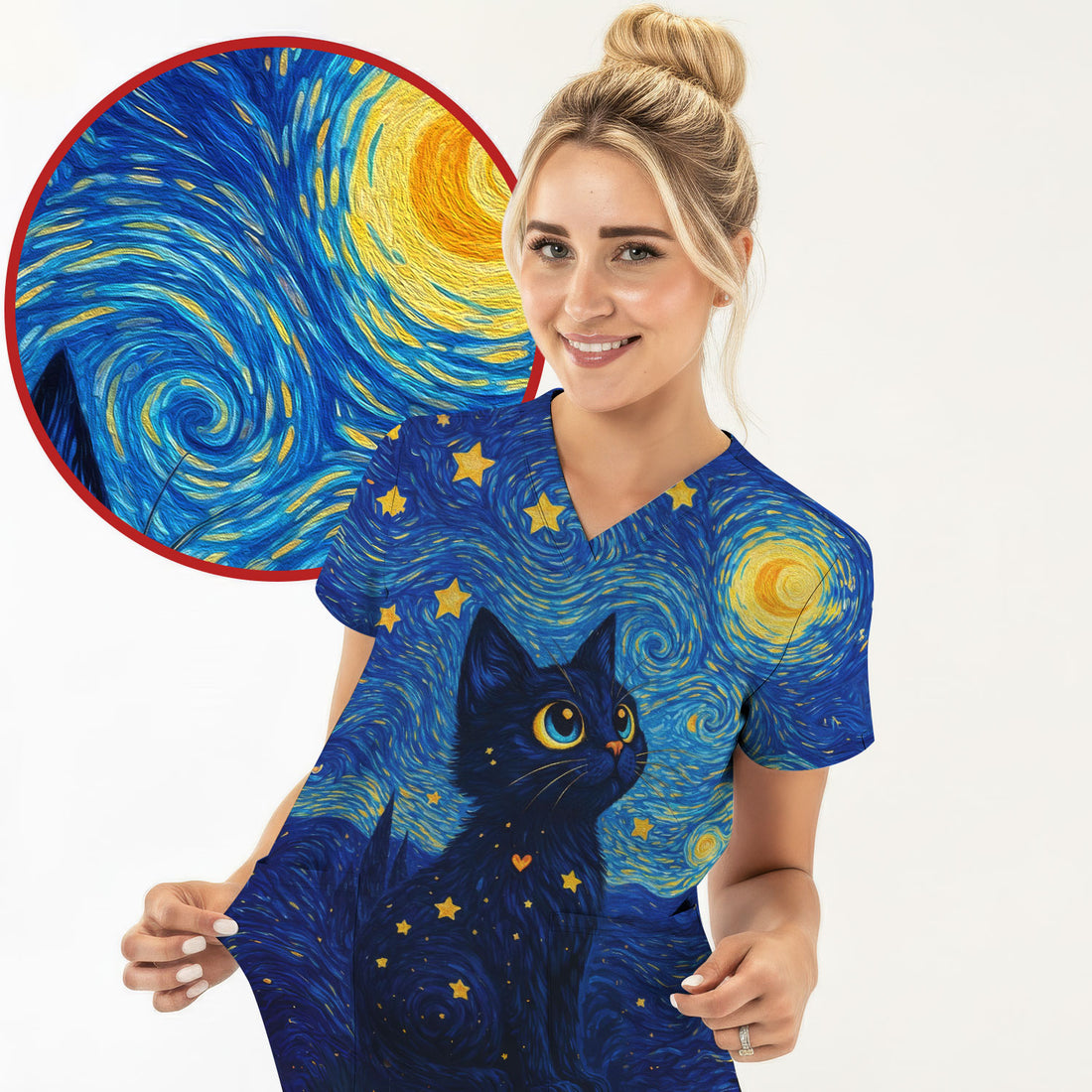 Black Cat Starry Night Pattern Scrub Top, Comfortable Scrubs for Nurses