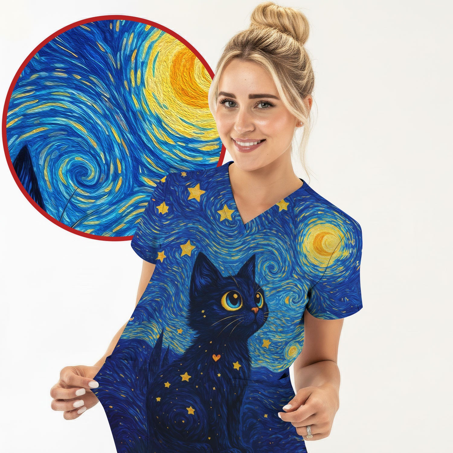 Black Cat Starry Night Pattern Scrub Top, Comfortable Scrubs for Nurses