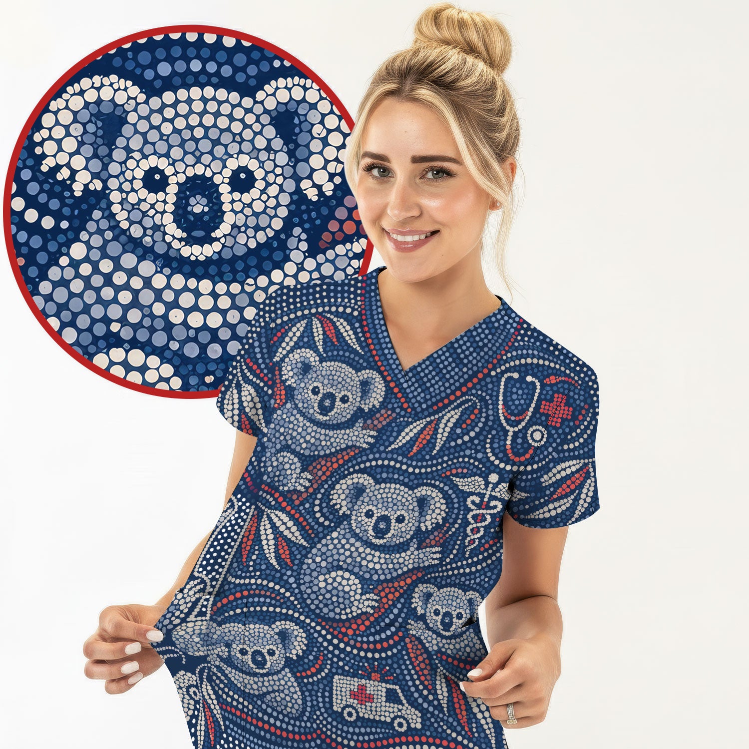 Koala Dot Art Medical Pattern Scrub Top, Comfortable Scrubs for Nurses
