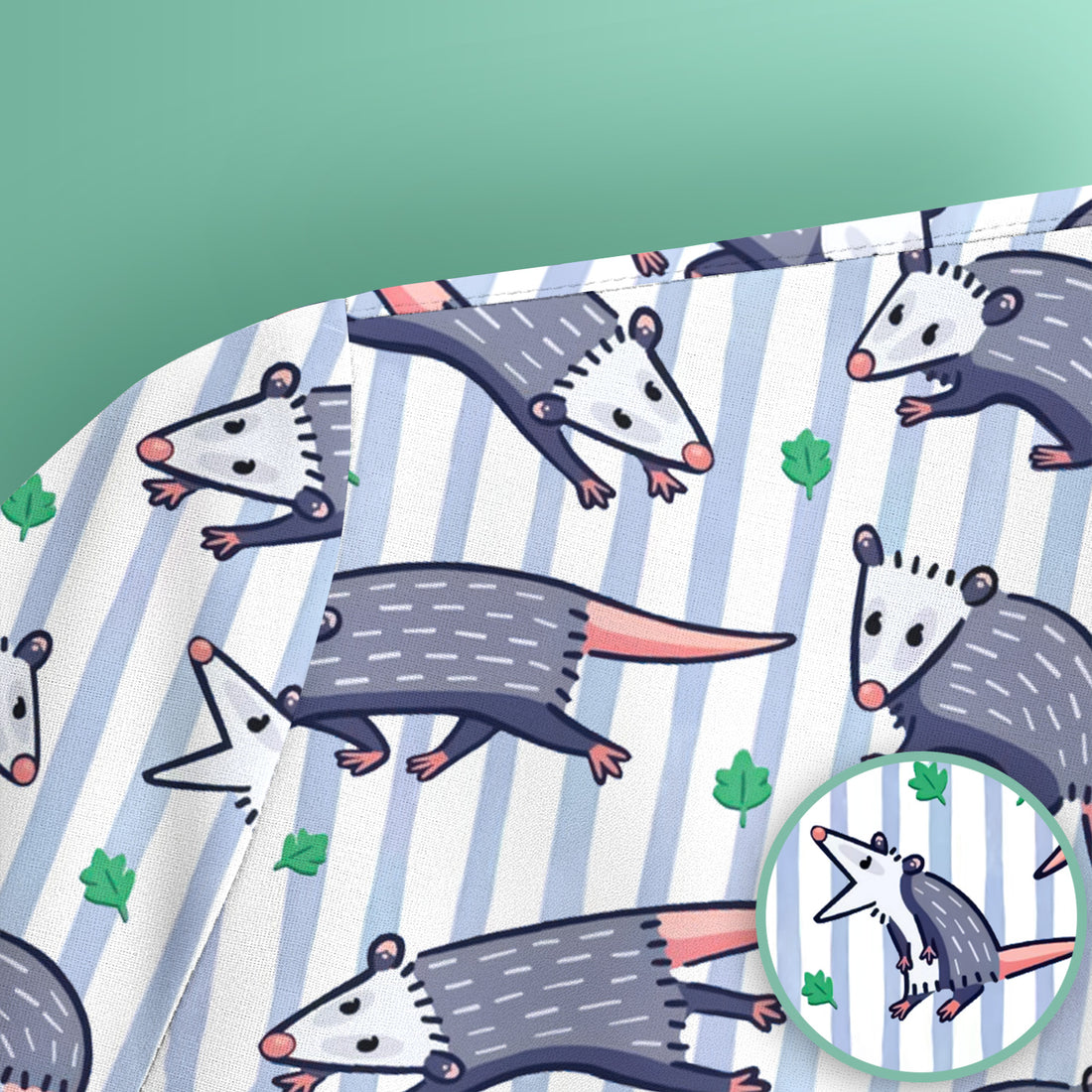 Cute Opossum Blue Stripe Pattern Scrub Top, Breathable Fabrics Nursing Uniform