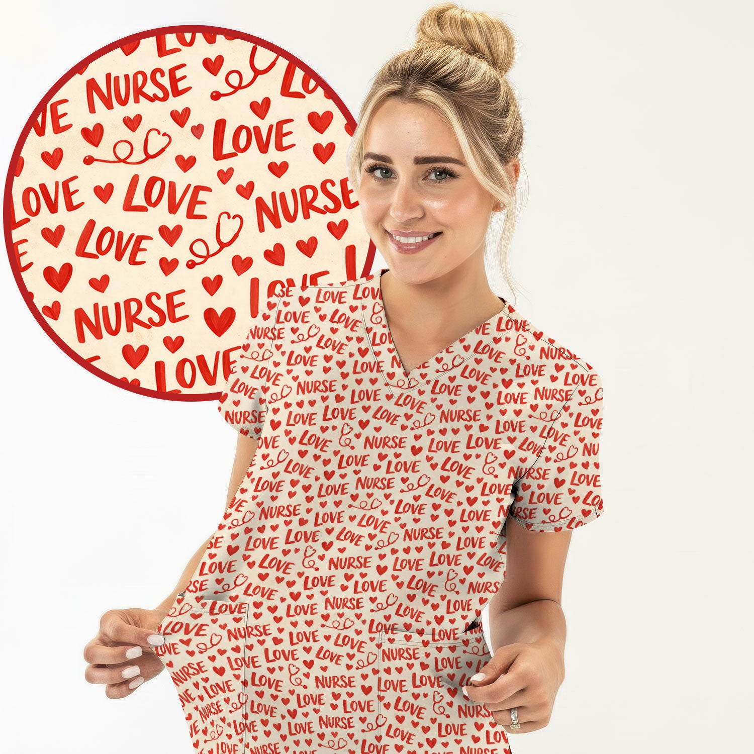 Valentine Pattern Scrub Top, Love Heart Medical Nurse Scrub Shirt, Breathable Fabrics Nursing Uniform