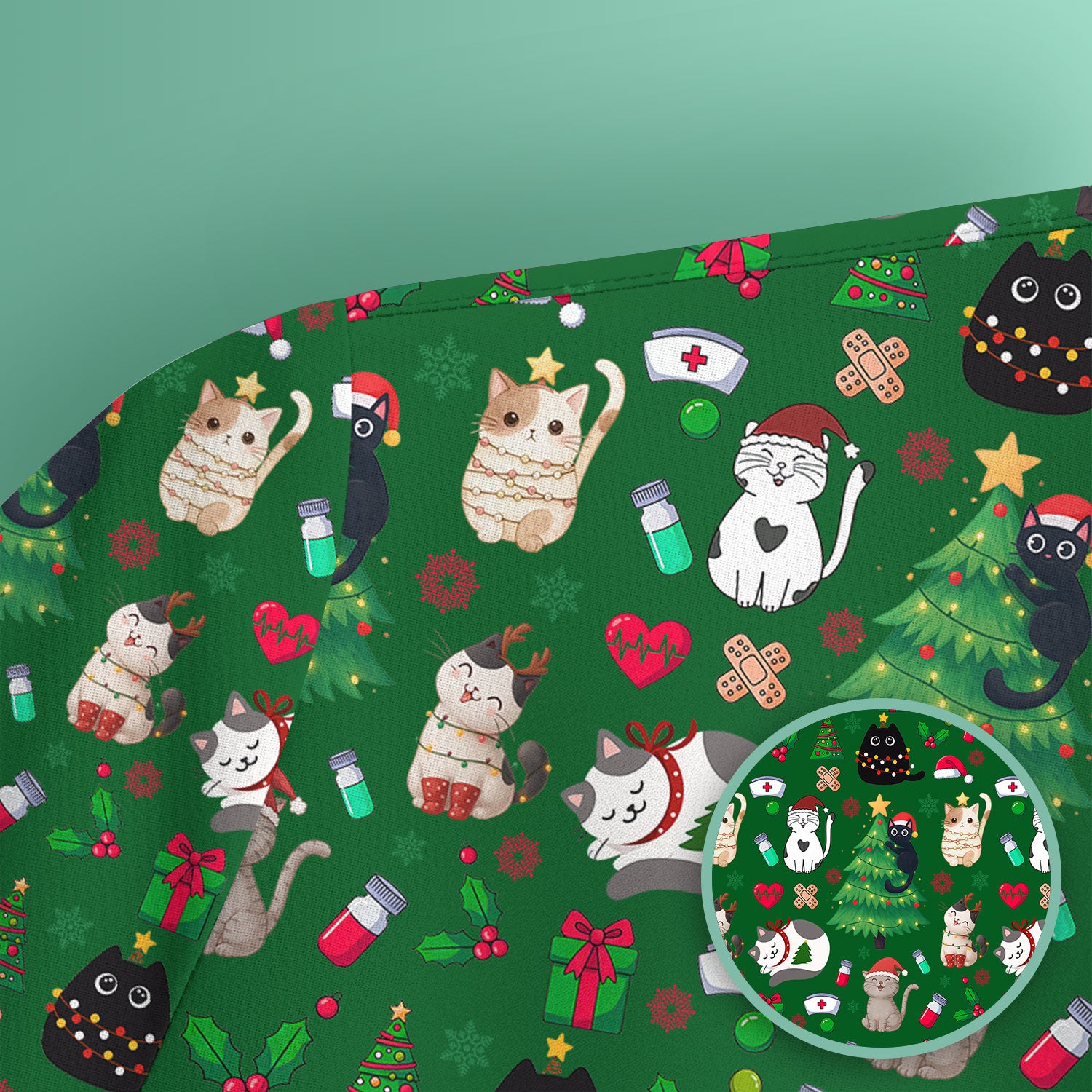 Christmas Cat Scrub Top, Xmas Pet Pattern Scrub Shirt, Breathable Fabrics Nursing Uniform