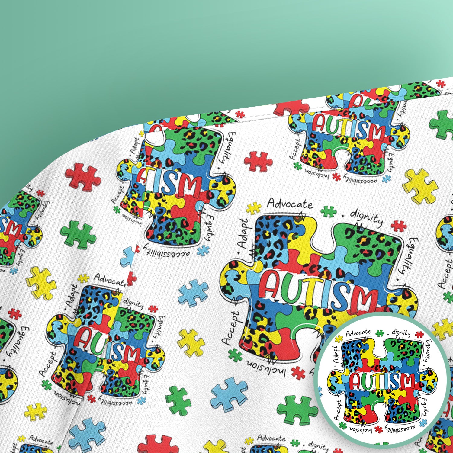 Autism Awareness Puzzle Pattern Scrub Top, Breathable Fabrics Nursing Uniform