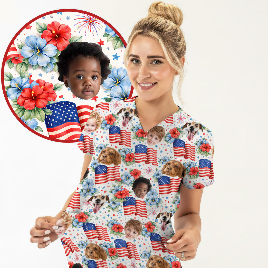 Custom Photo Patriotic Kids & Pet Faces Flag Nurse Scrub Top, Breathable Fabrics Nursing Uniform