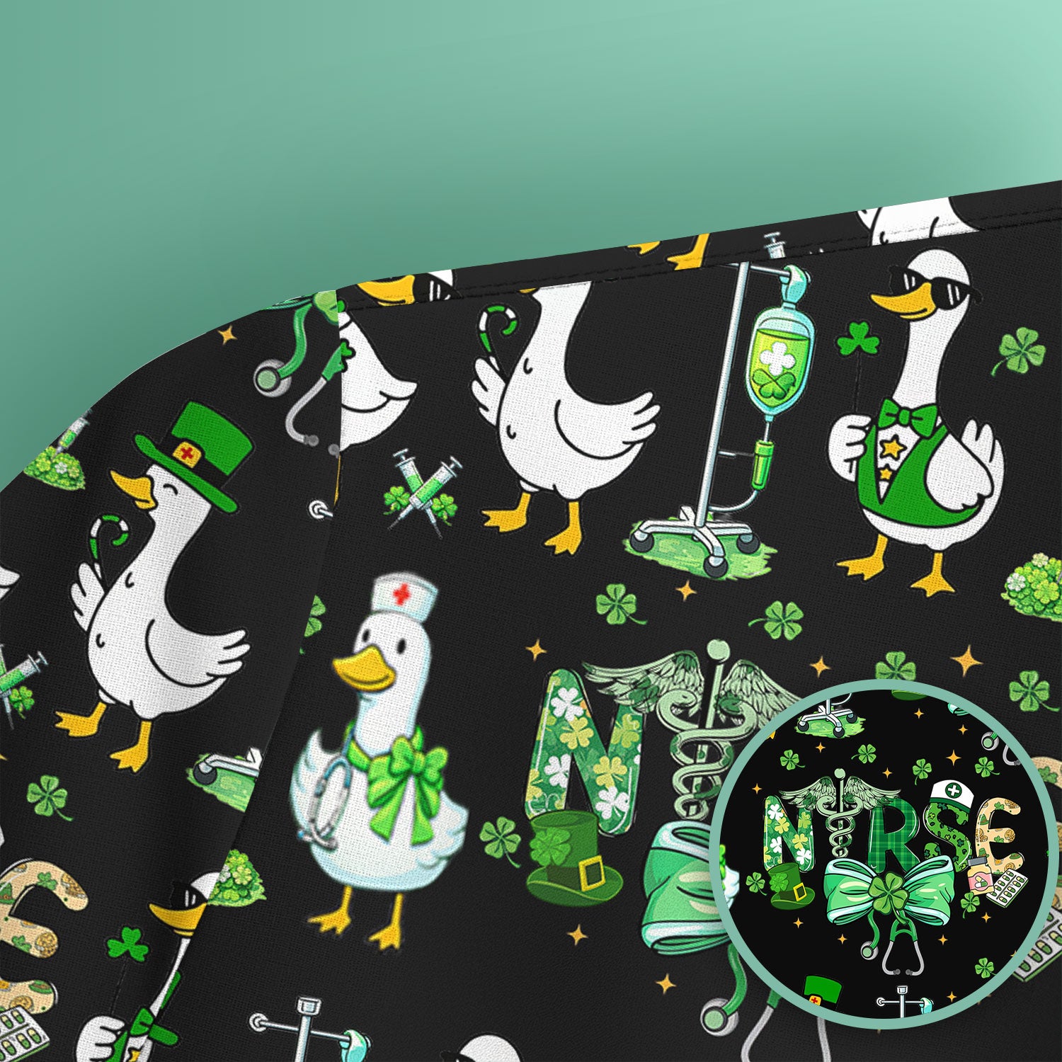 Funny Goose Nurse Shamrock Scrub Top, St. Patrick’s Day Nurse Pattern Shirt, Breathable Fabrics Nursing Uniform
