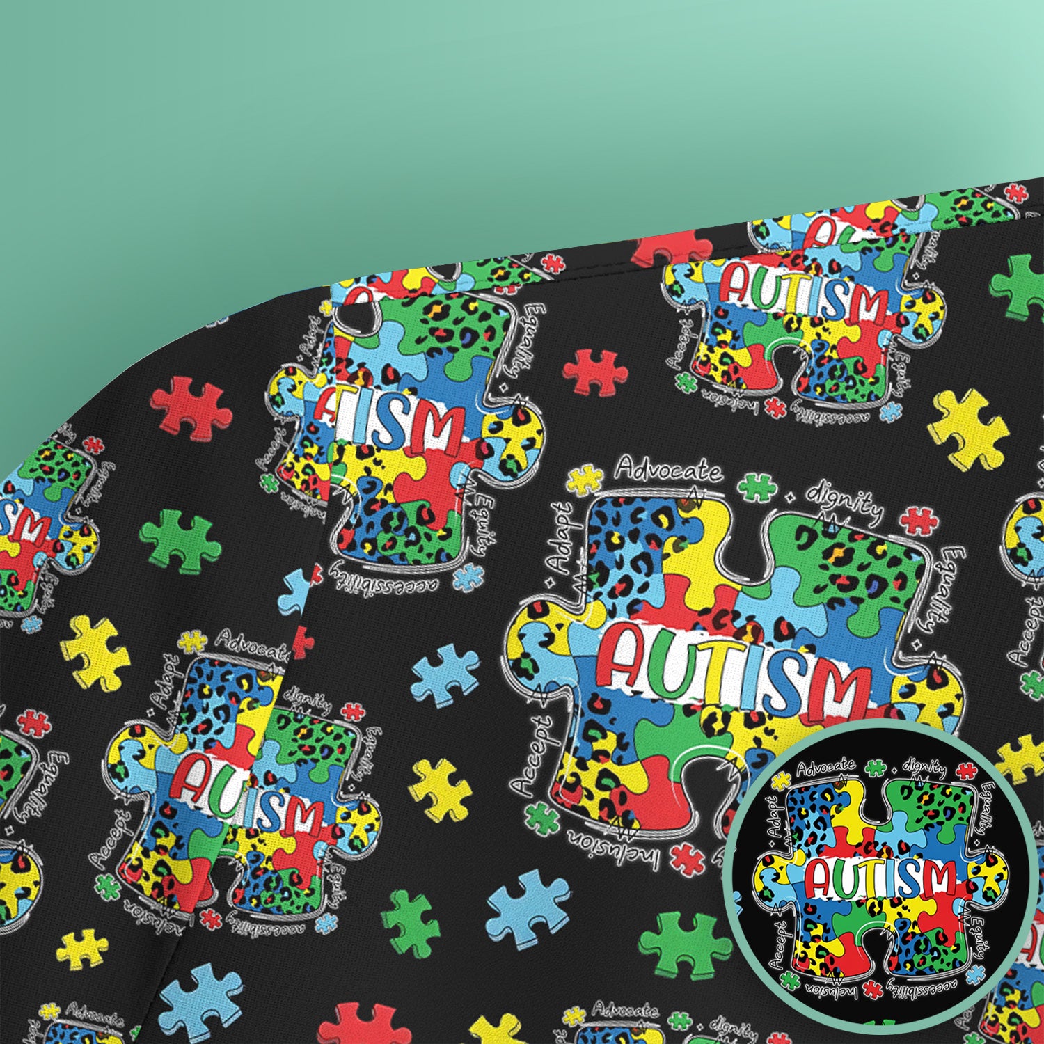 Autism Awareness Puzzle Pattern Scrub Top, Breathable Fabrics Nursing Uniform