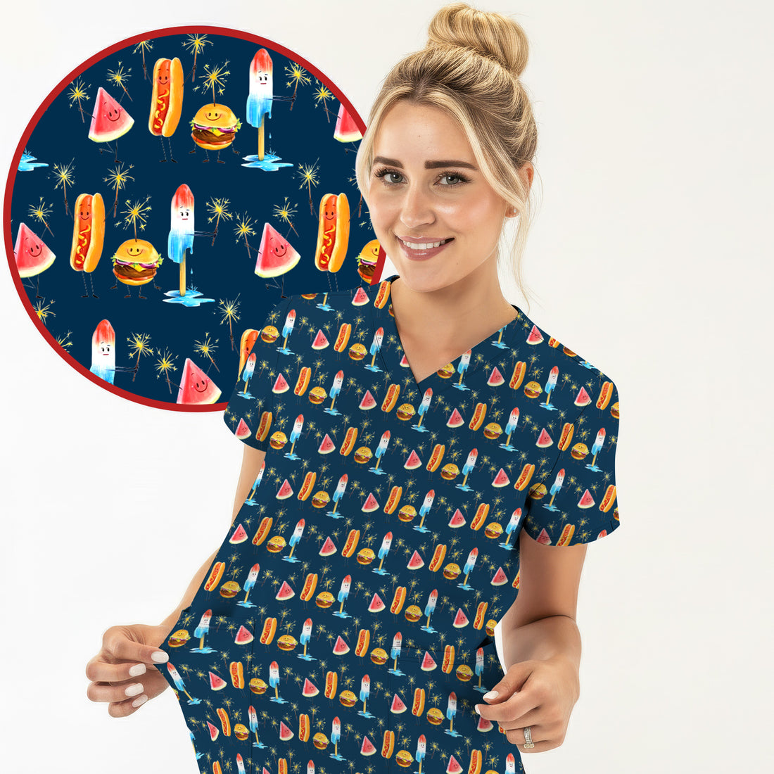 Funny Summer Food Icons Pattern Scrub Top, Comfortable Scrubs for Nurses