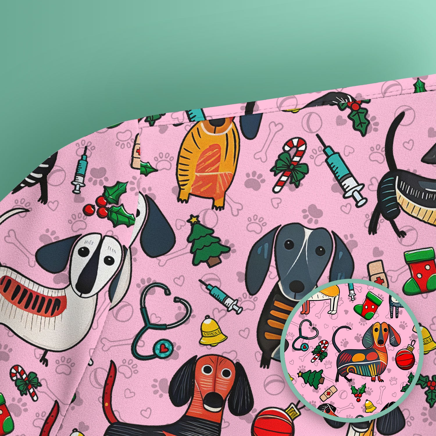 Christmas Wiener Dog Scrub Top - Funny Sausage Dog Nurse Shirt for Women - Holiday Medical Uniform