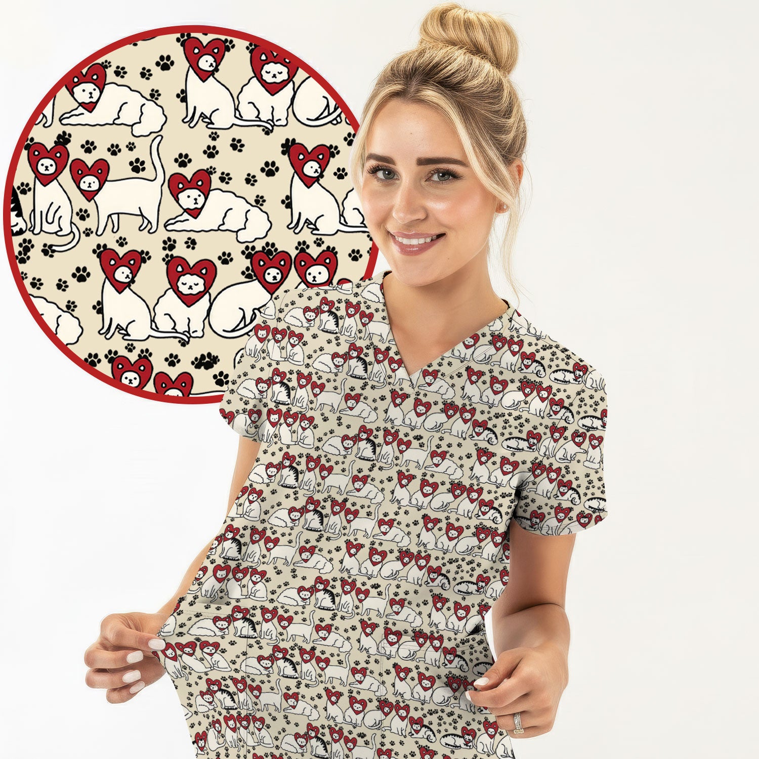 Cute Cat Heart Pattern Scrub Top, Funny Cat Scrub Shirt For Nurses, Breathable Fabrics Nursing Uniform