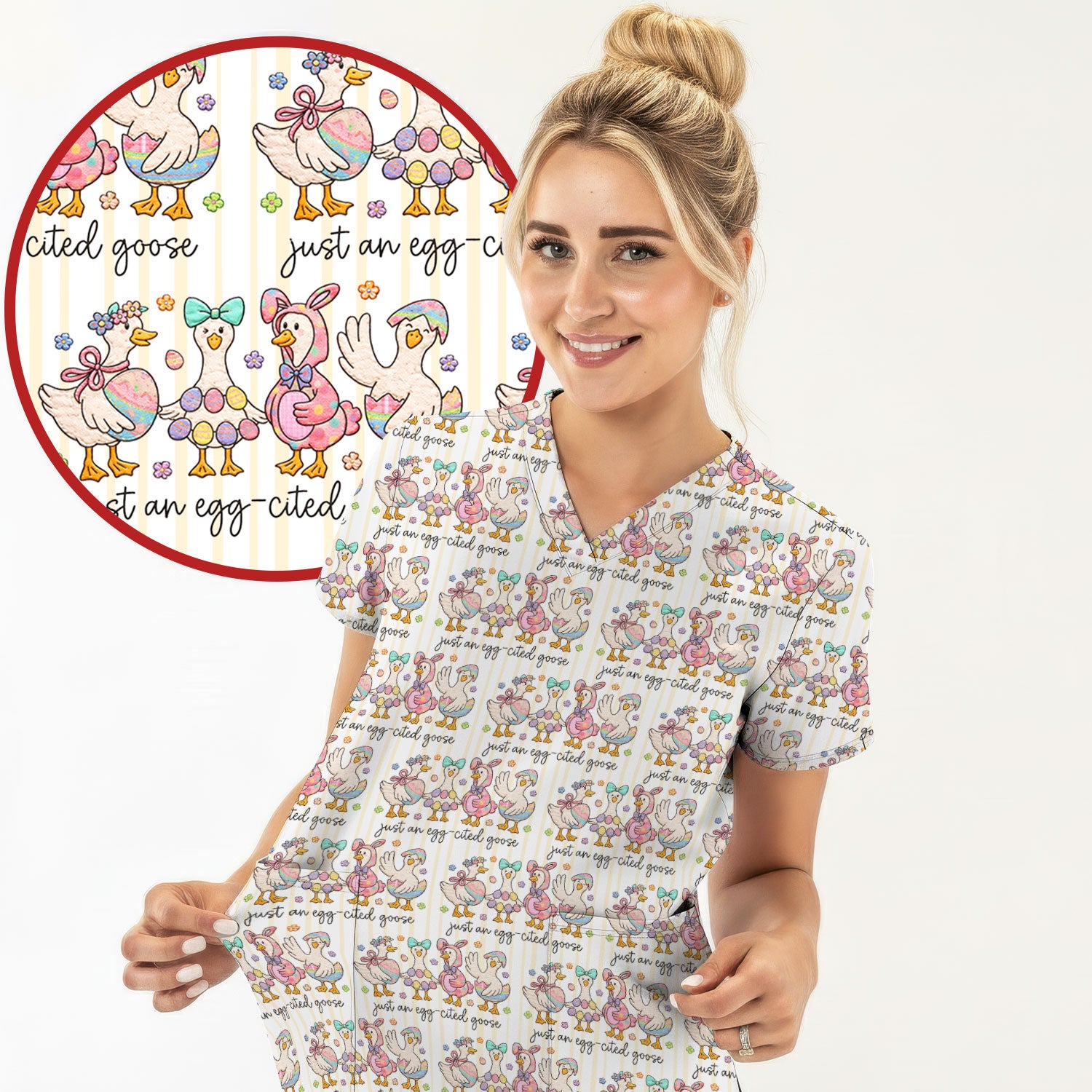 Cute Easter Goose Egg Pattern Scrubs Top, Breathable Fabrics Nursing Uniform