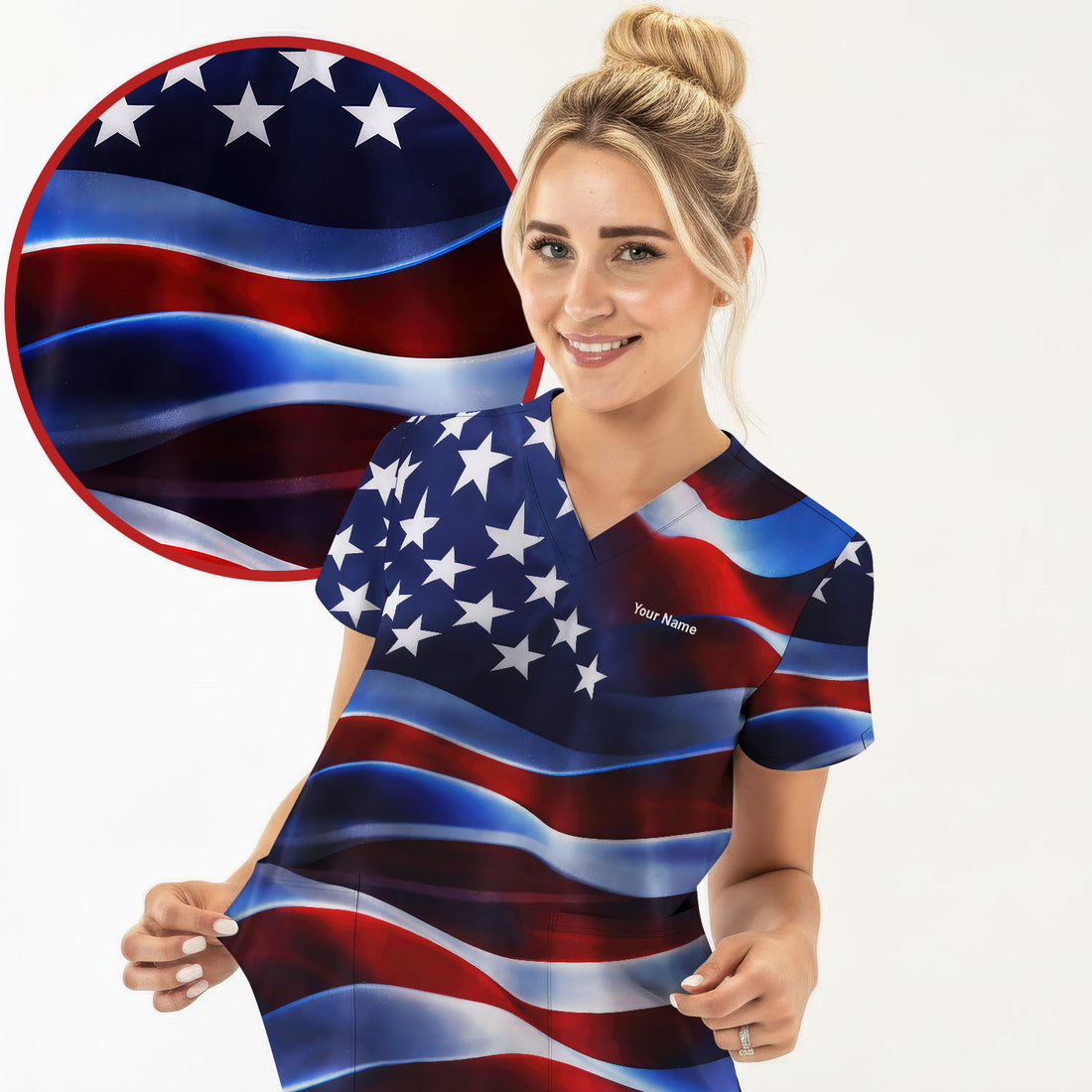 Personalized American Flag Stars Stripes Pattern Nurse Scrub Top, Comfortable Scrubs for Nurses