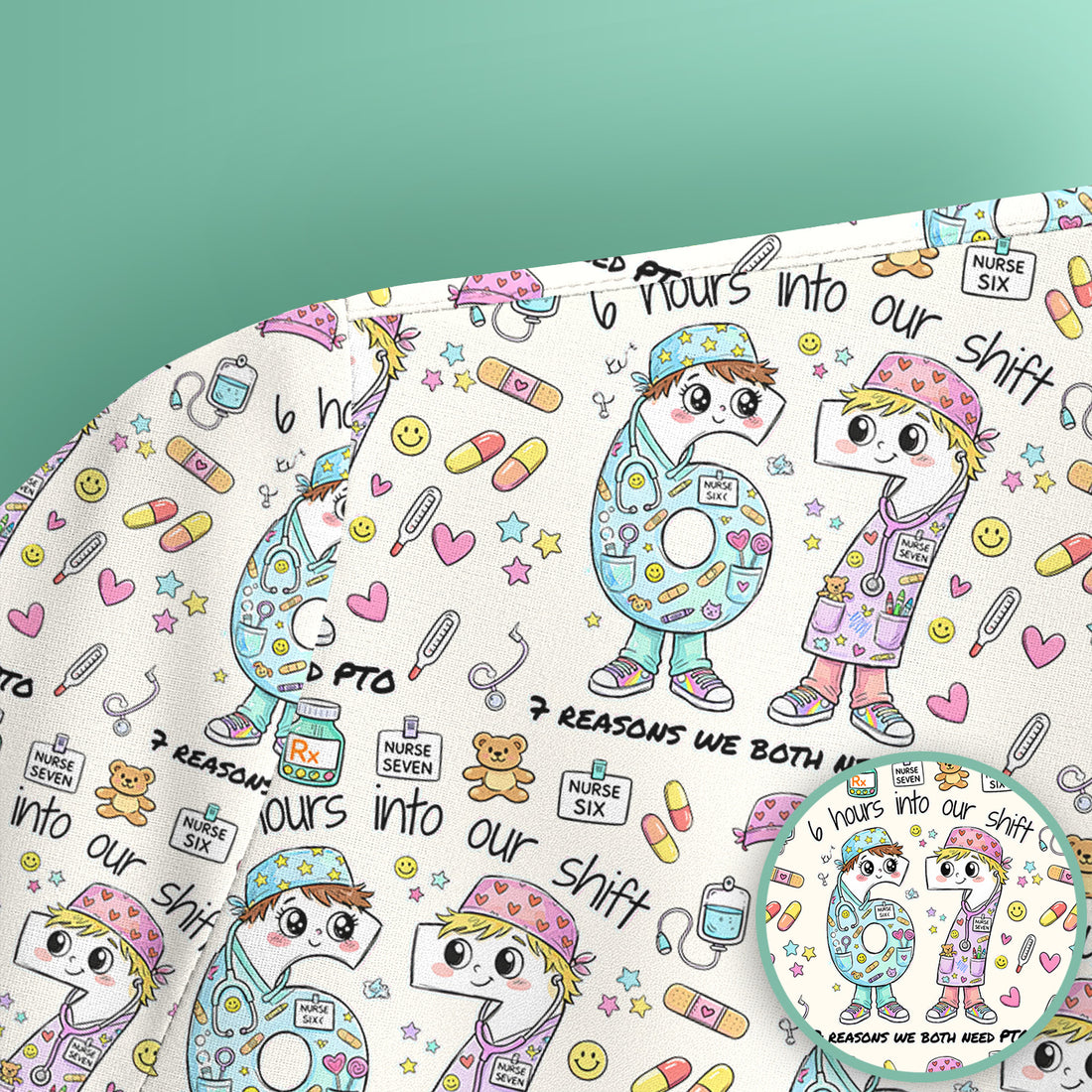 Cartoon Characters Six Hours Into Shift With Medical Doodle Scrub Top, Breathable Fabrics Nursing Uniform