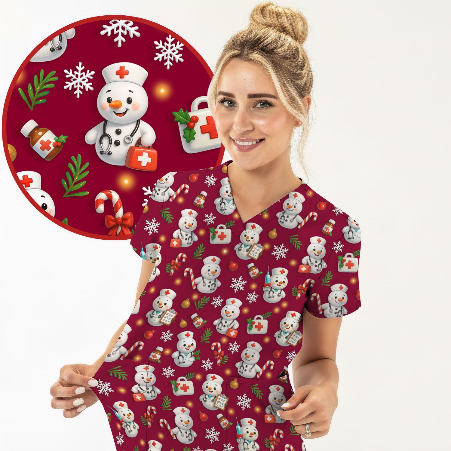 Holiday Nurse Scrub Top Christmas Design - Adorable Snowman Nursing Shirt - Cute Medical Gift for RN LPN CNA Doctors
