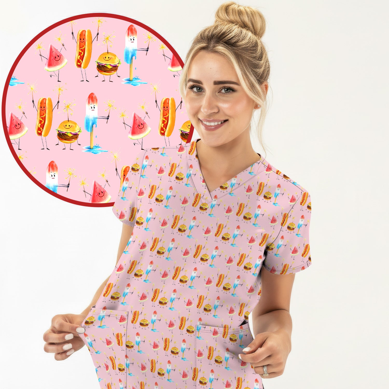 Funny Summer Food Icons Pattern Scrub Top, Comfortable Scrubs for Nurses
