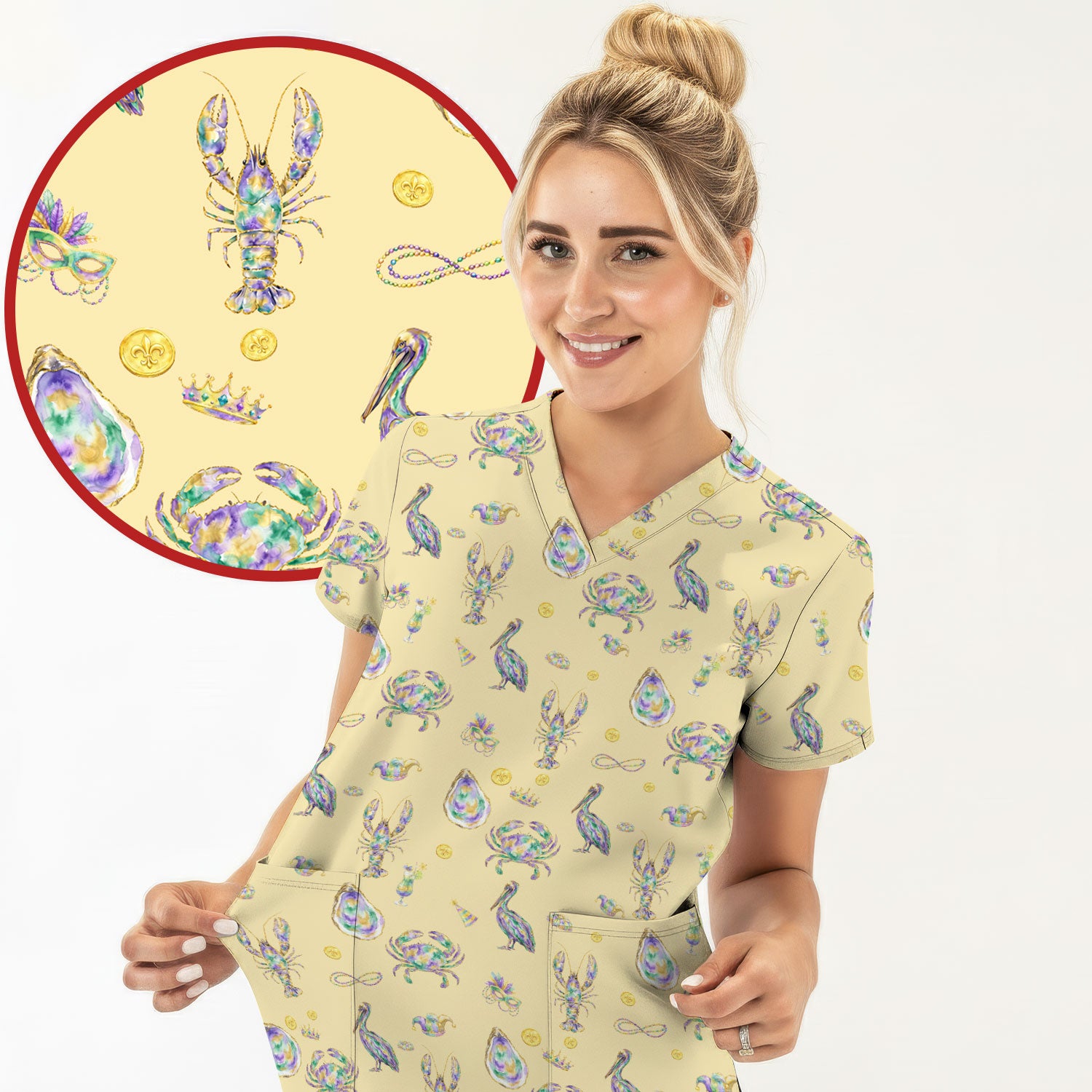 Mardi Gras Seafood Nurse Scrub Top, Comfortable Uniform Scrubs For Nursing
