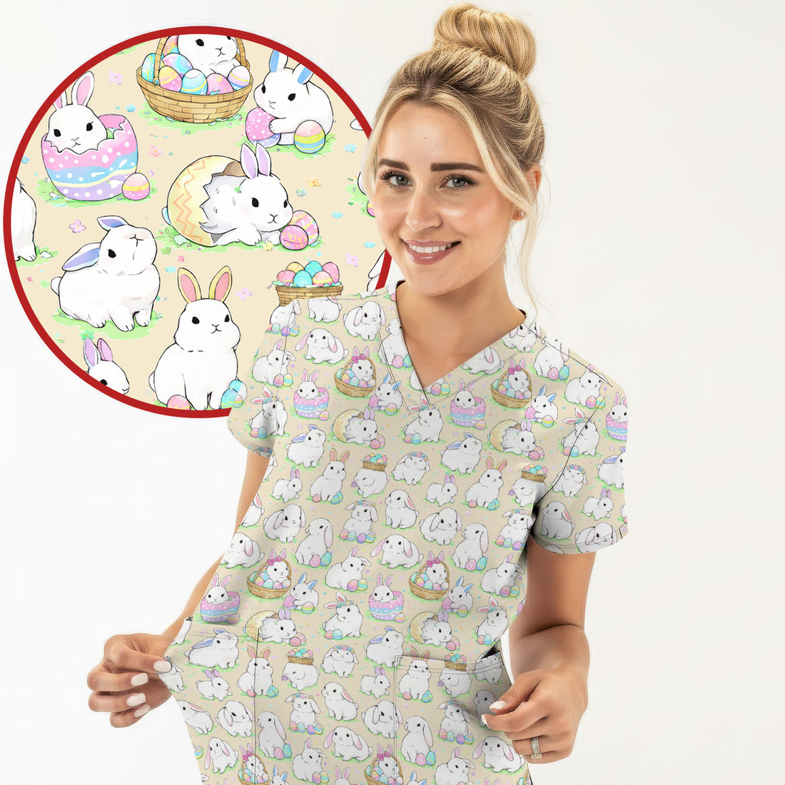 Cute Easter Bunny Egg Pattern Scrub Top, Comfortable Scrubs for Nurses