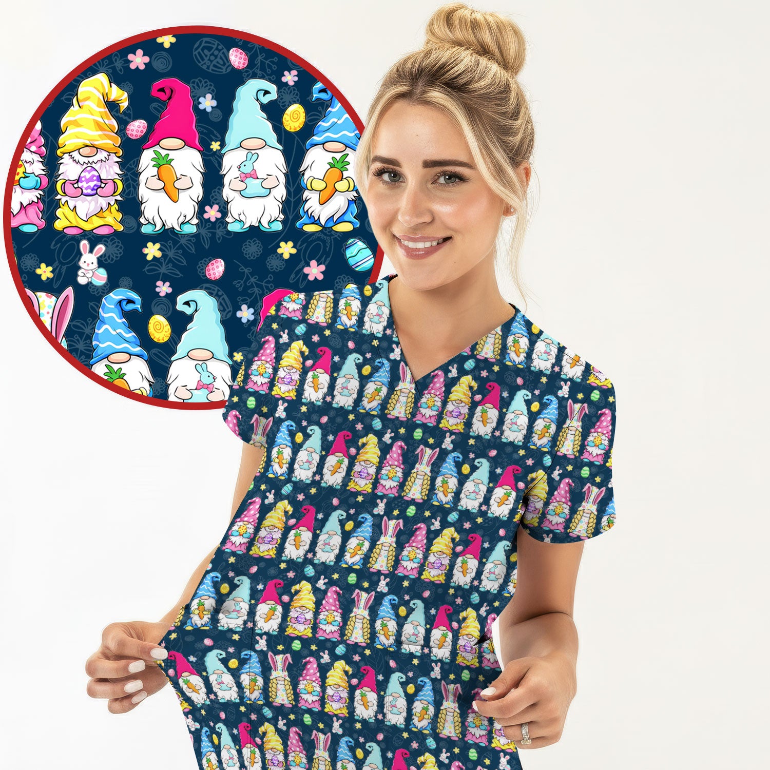 Colorful Easter Gnome Bunny Eggs Print Scrub Top, Comfortable Scrubs for Nurses