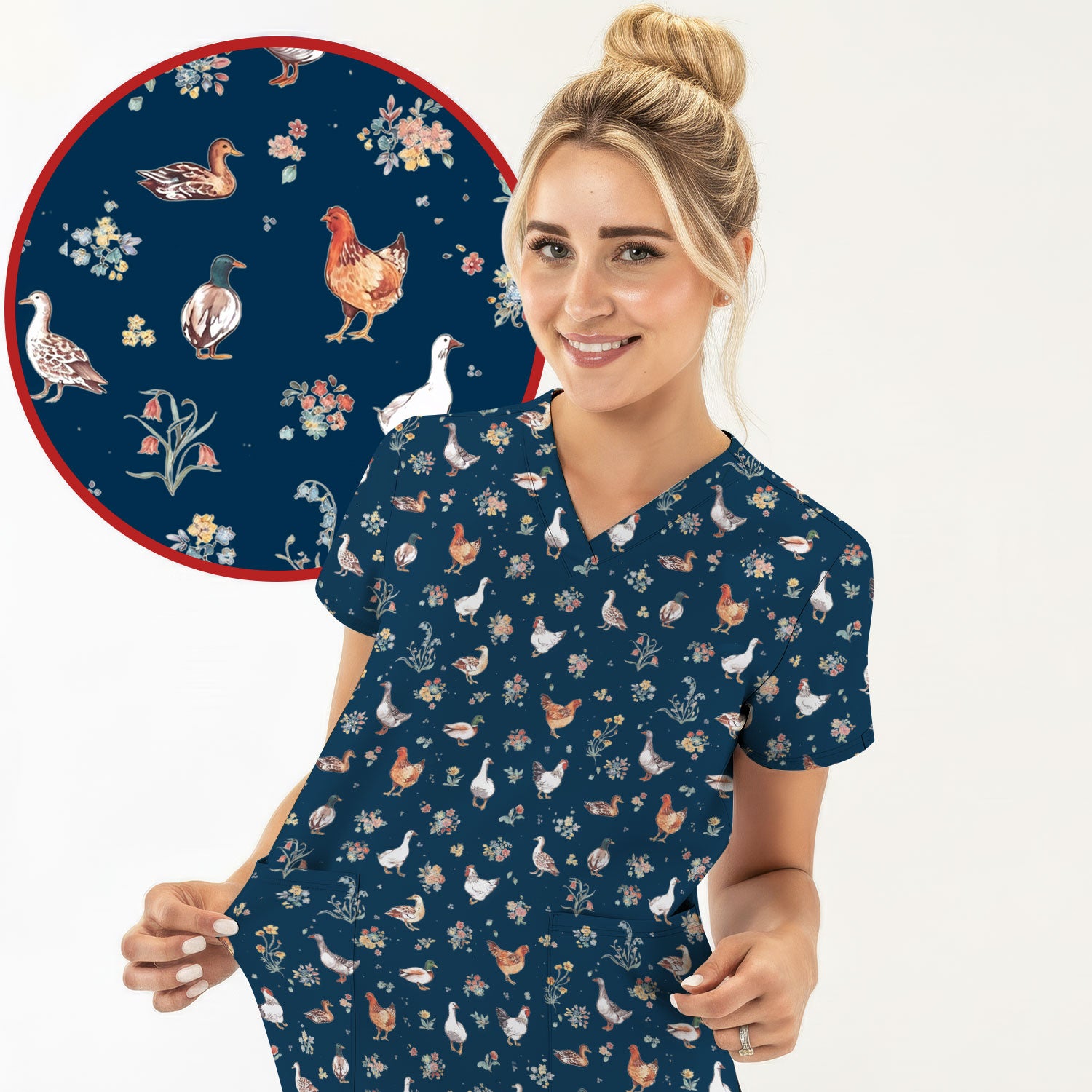 Farm Chicken Duck Floral Pattern Scrubs Top, Comfortable Scrubs for Nurses