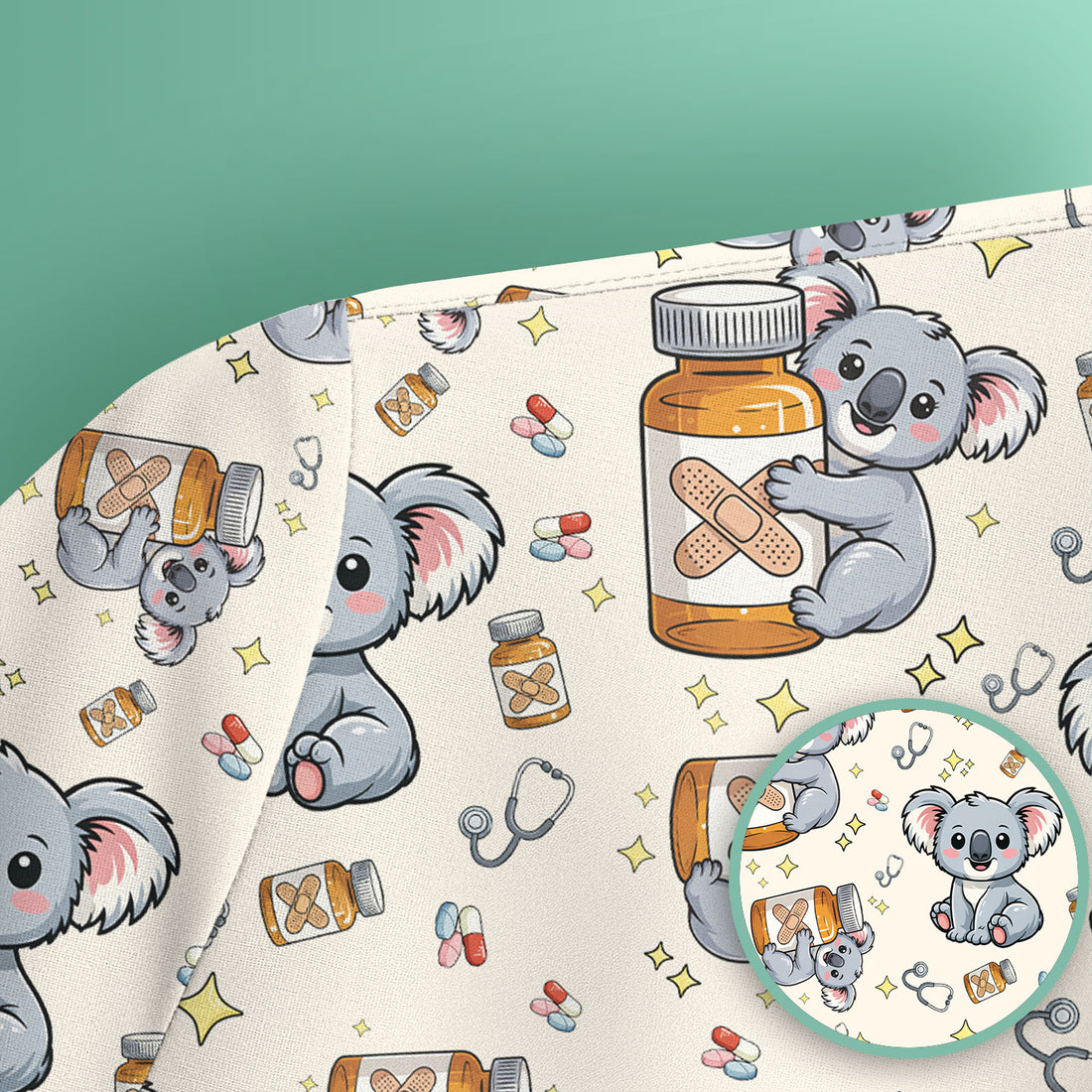 Cute Koala Nurse Bandage Medicine Print Scrub Top, Comfortable Scrubs for Nurses