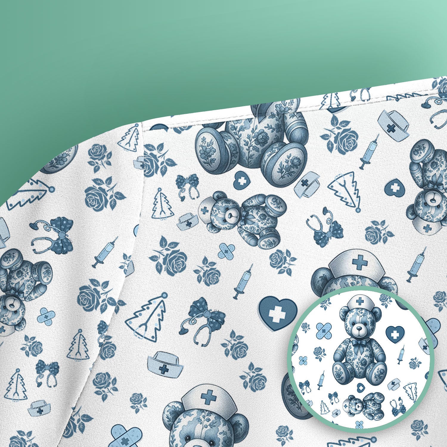 Toile Teddy Bear Nurse Scrub Top - Elegant Blue Toile de Jouy Pattern Medical Shirt for Women - Cute Vintage Nursing Uniform Gift