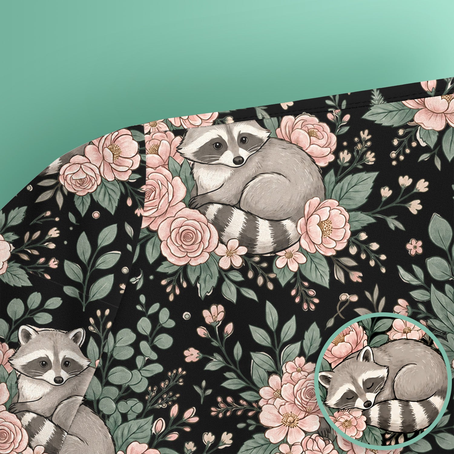 Sleeping Raccoon Rose Garden Pattern Scrub Top, Breathable Fabrics Nursing Uniform
