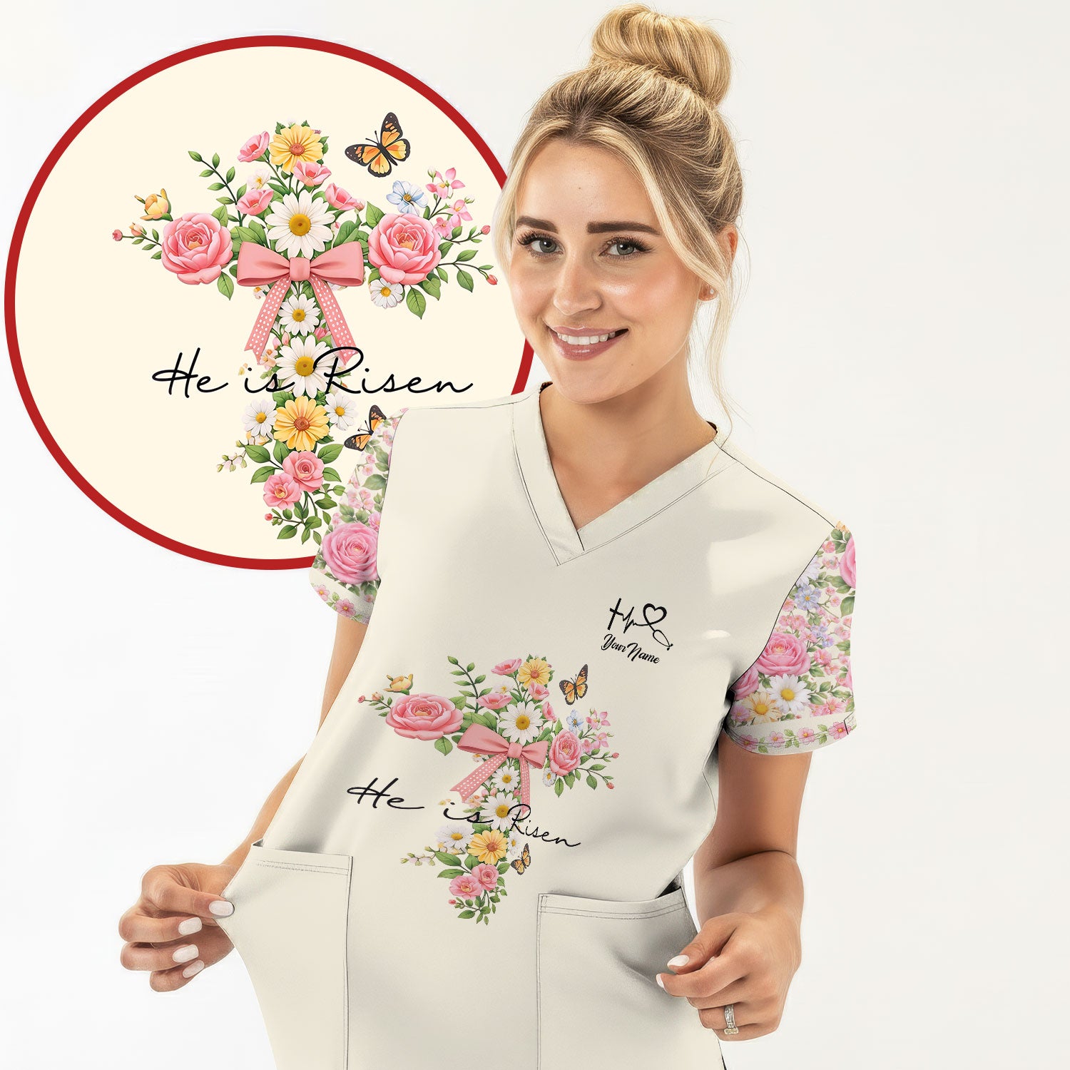 Personalized Meaningful Easter Nurse He Is Risen Floral Cross Bow Pattern Scrub Top, Comfortable Scrubs for Nurses