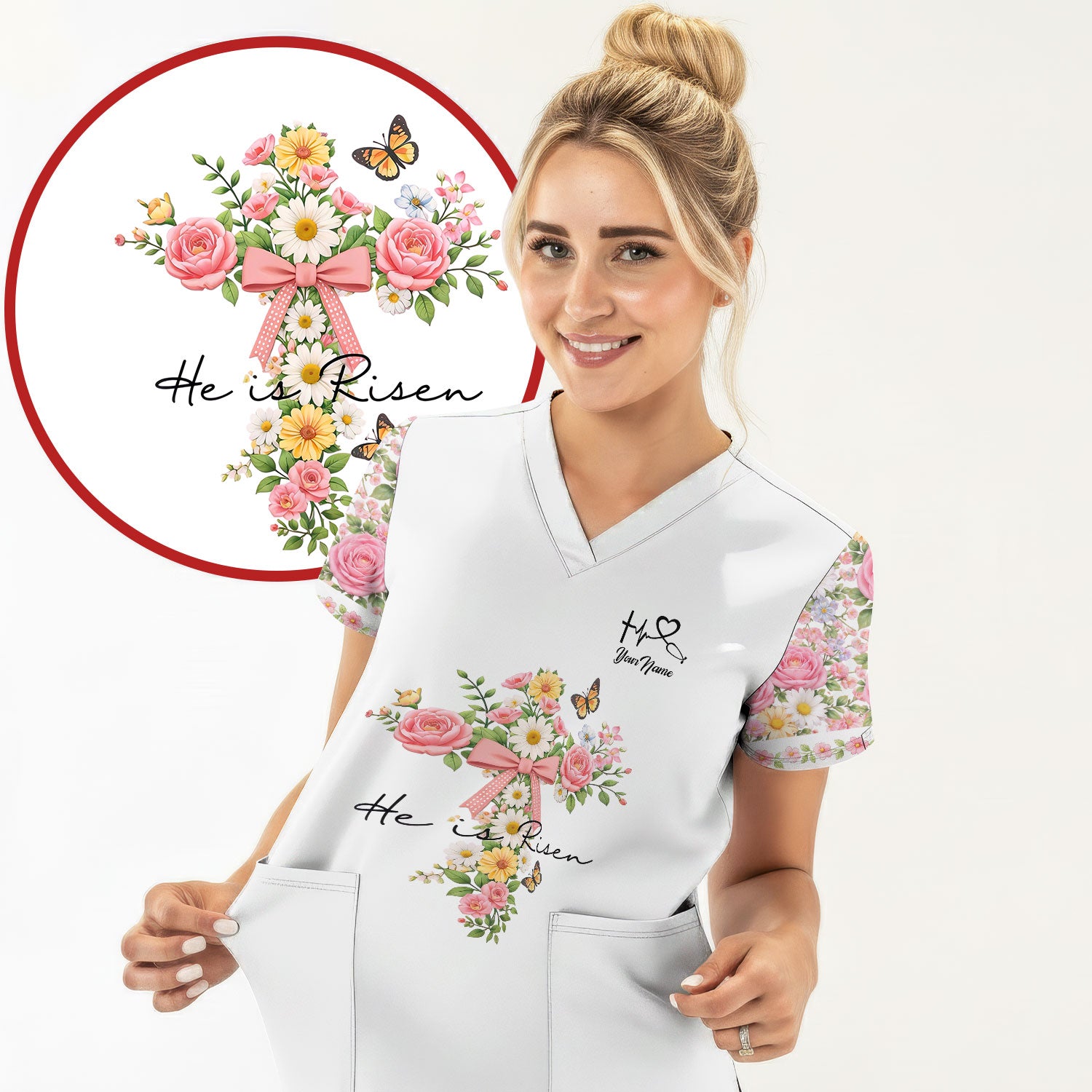 Personalized Meaningful Easter Nurse He Is Risen Floral Cross Bow Pattern Scrub Top, Comfortable Scrubs for Nurses
