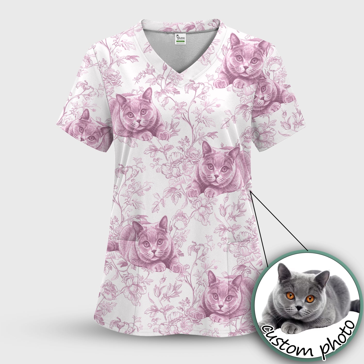 Custom Dog Cat Style Chinoiserie Pattern Scrubs Top, Comfortable Scrubs for Nurses