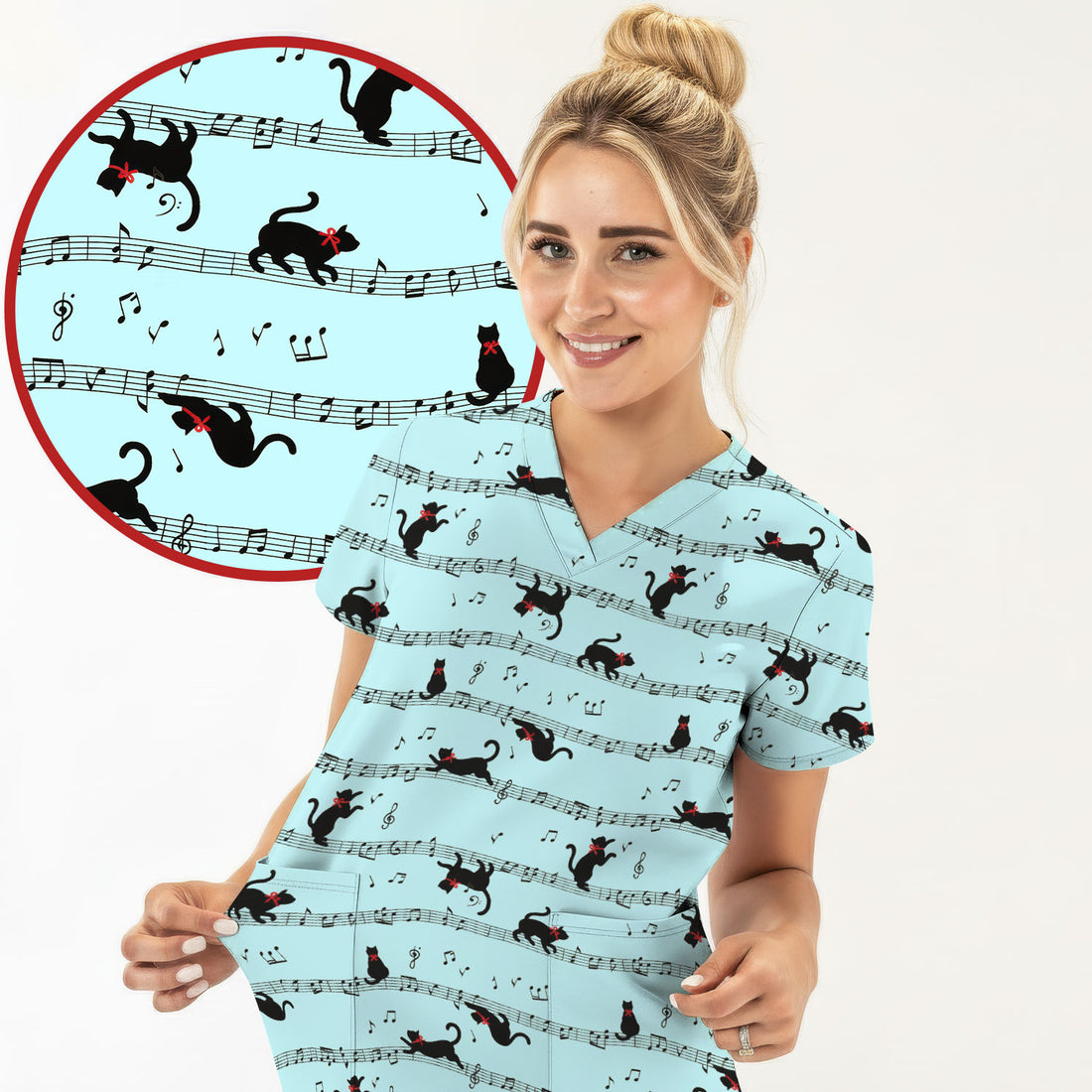Cute Dancing Black Cat Music Staff Pattern Scrub Top, Comfortable Scrubs for Nurses