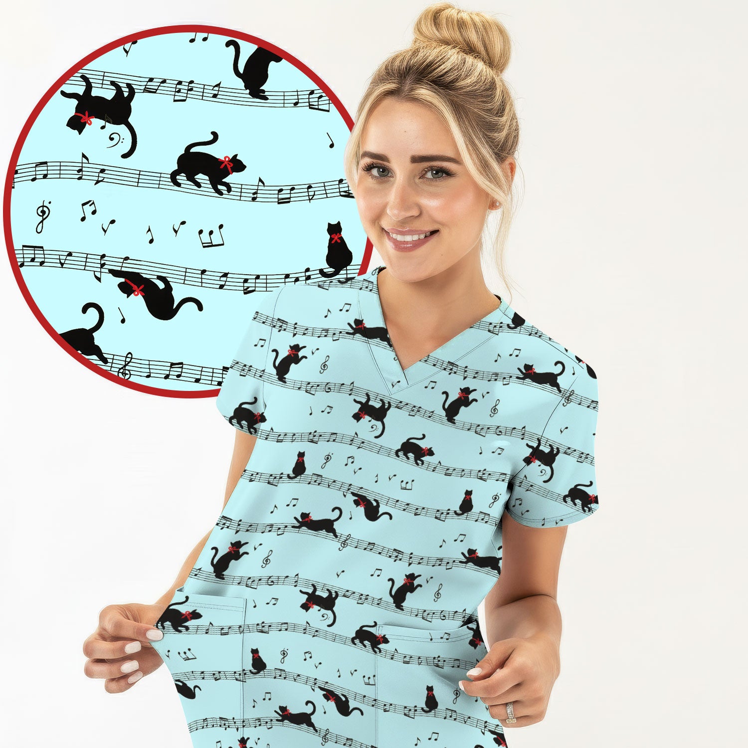 Cute Dancing Black Cat Music Staff Pattern Scrub Top, Comfortable Scrubs for Nurses