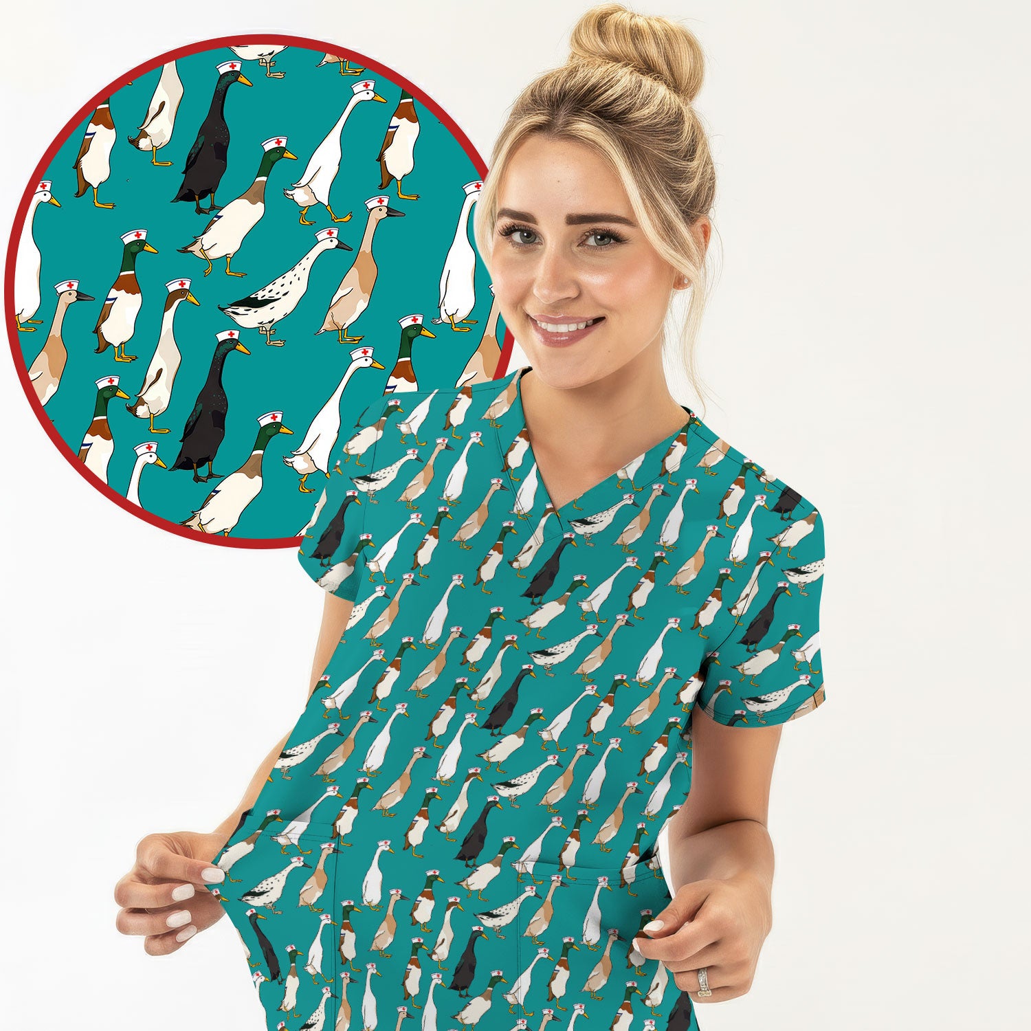 Funny Nurse Duck Pattern Scrub Top, Comfortable Scrubs for Nurses