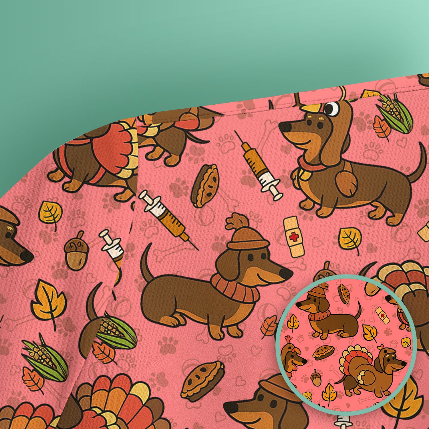 Thanksgiving Wiener Dog Scrub Top - Funny Dachshund TurkeChicken Nurse Shirt for Women - Cute Holiday Medical Uniform