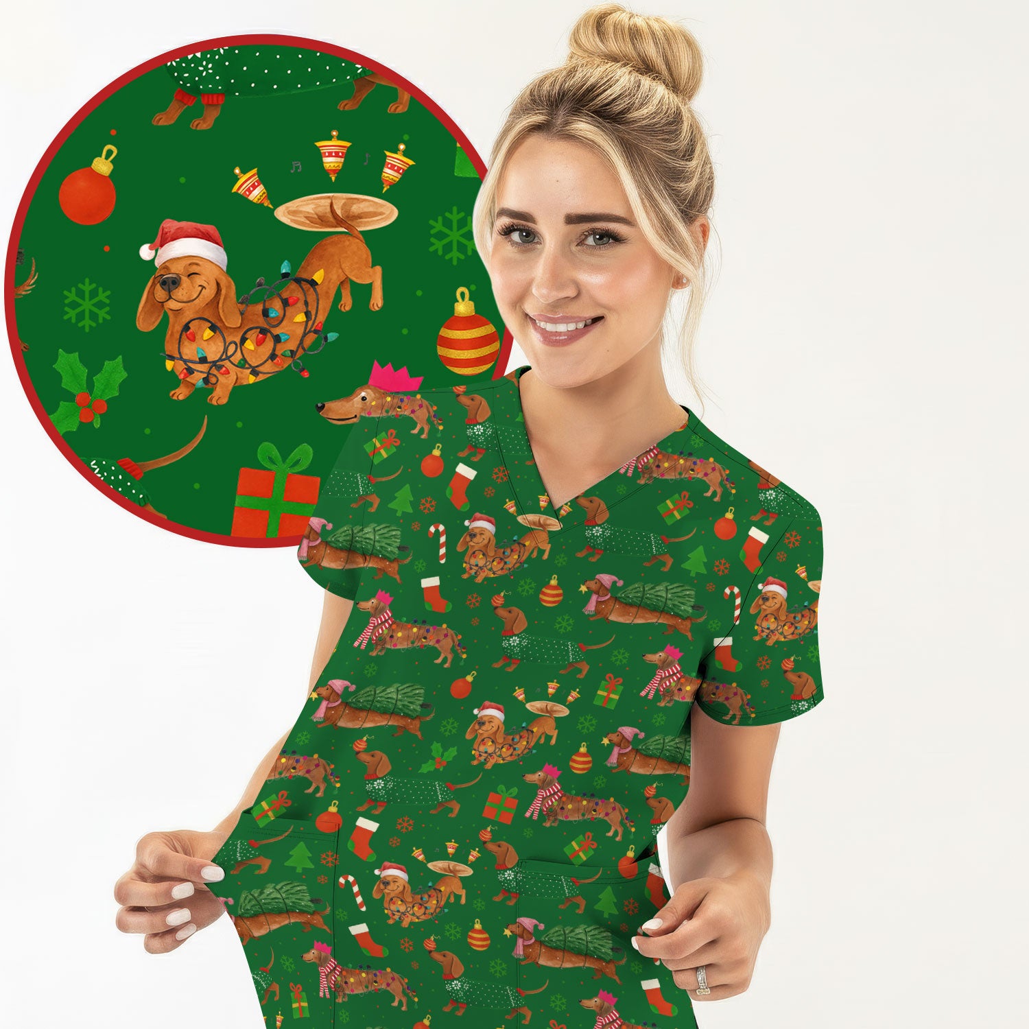 Dachshund Christmas Scrub Shirt - Multi Color Dog Print Scrubs - Funny Holiday Scrubs Gift for Women Men, Nurse, CNA, RN
