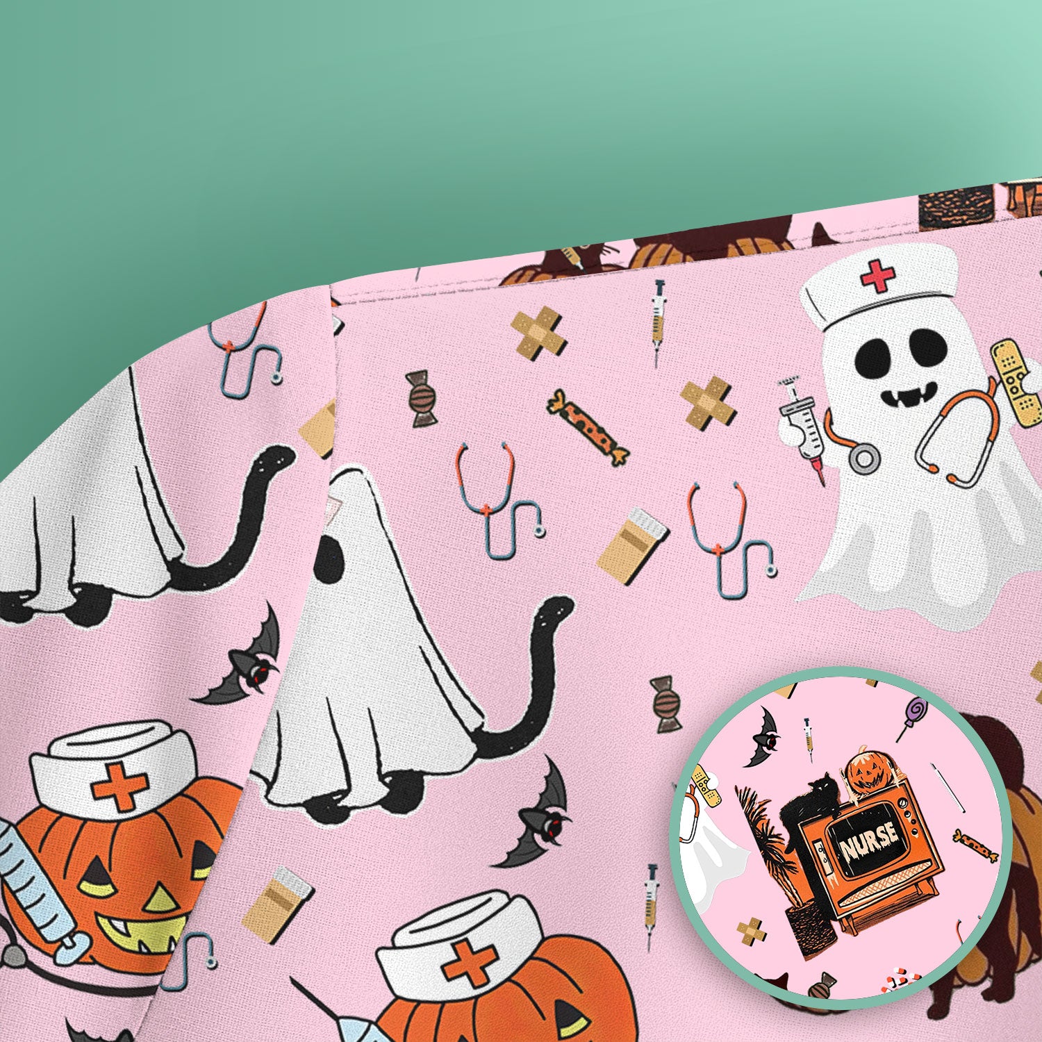 Halloween Scrub Top for Nurse - Cute Pumpkin Ghost Cat Medical Shirt - Spooky Scrubs for Women RN CNA LPN