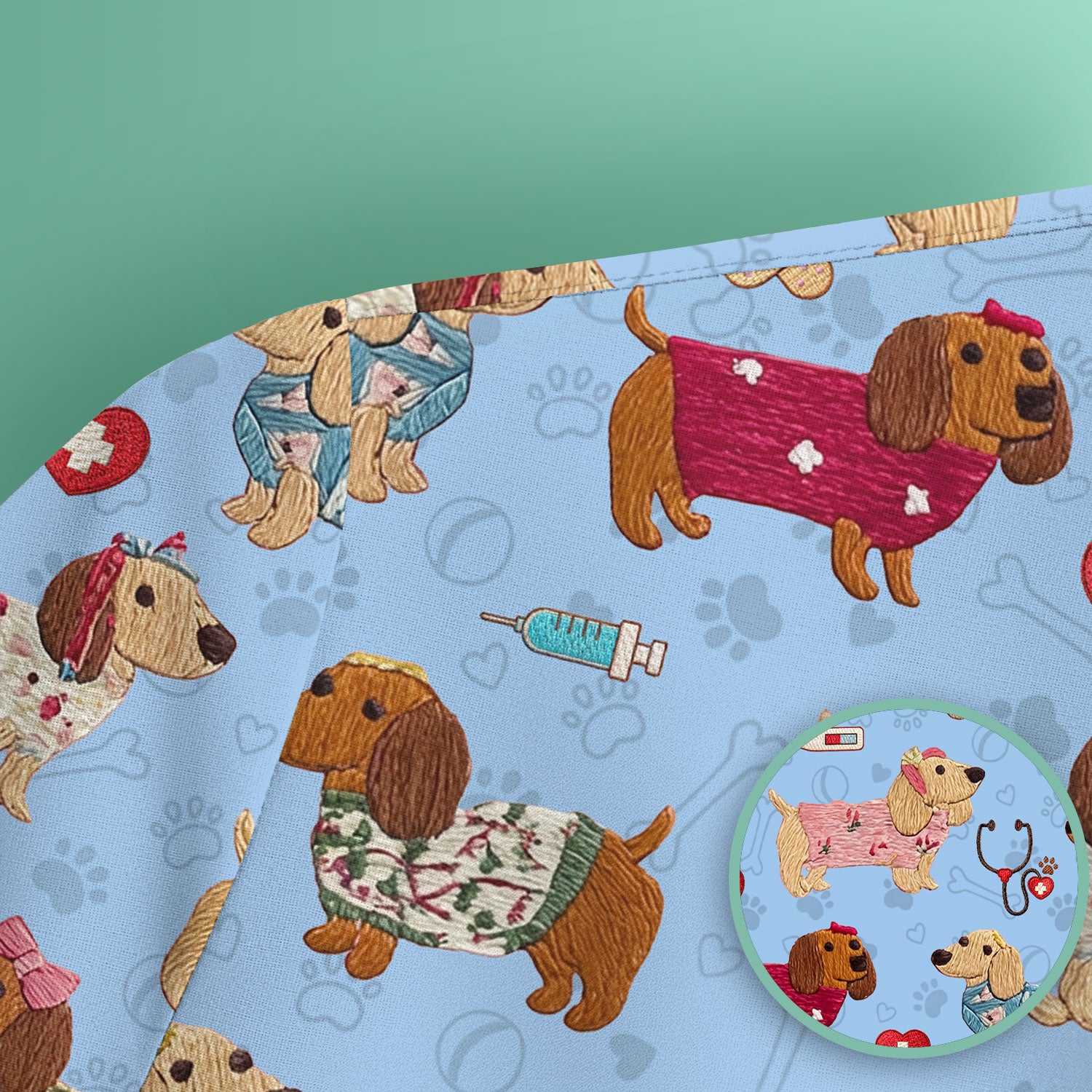 Cute Medical Wiener Dog Pattern Nurse Shirt, Dachshund Nursing Scrub Top, Breathable Fabrics Nursing Uniform