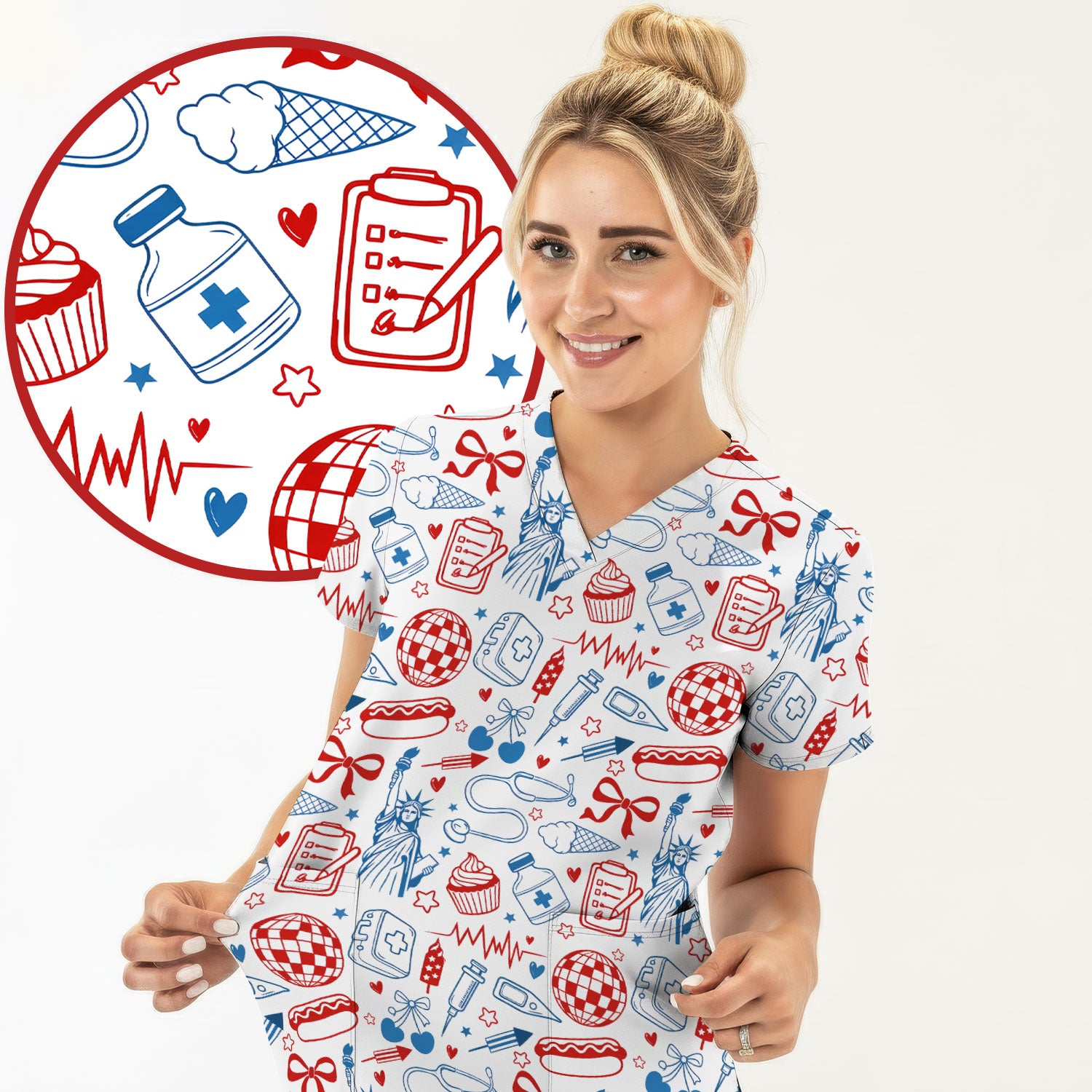 Patriotic Nurse Medical Icons Pattern Scrub Top, Breathable Fabrics Nursing Uniform
