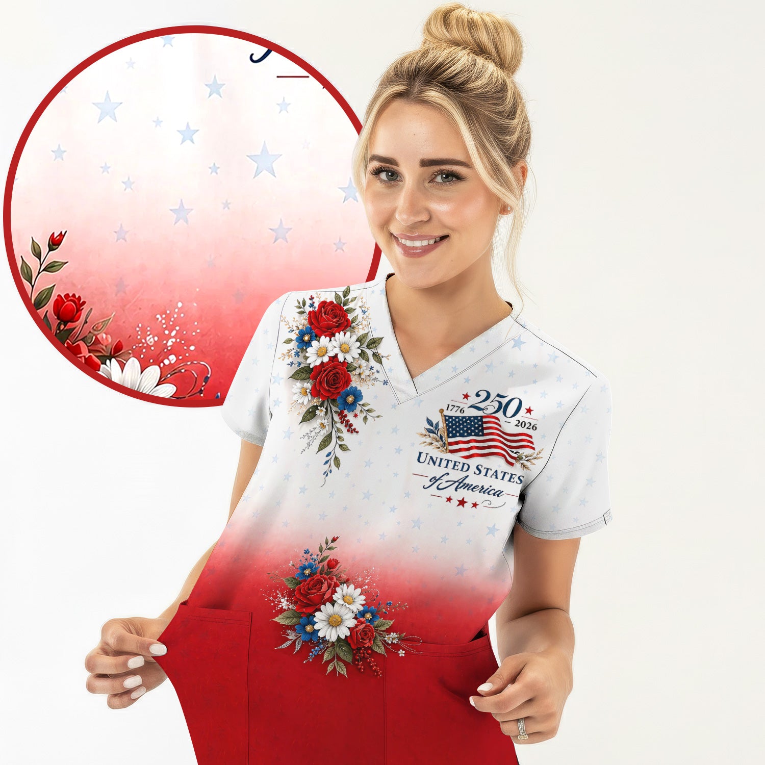 Patriotic 250th Flag Floral Pattern Scrub Top, Comfortable Scrubs for Nurses