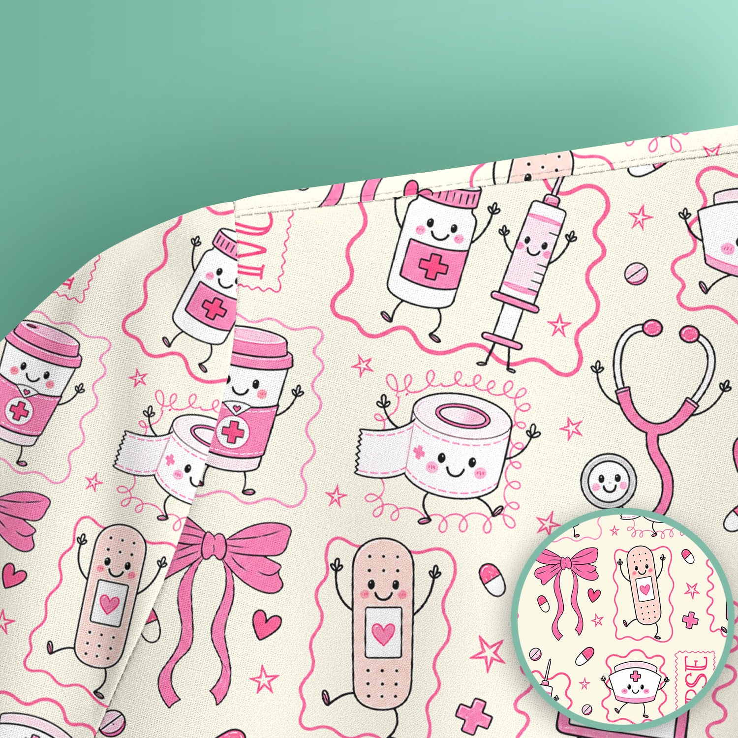 Cute Nurse Doodle with Bandage & Coffee Icons Scrub Top, Comfortable Scrubs for Nurses