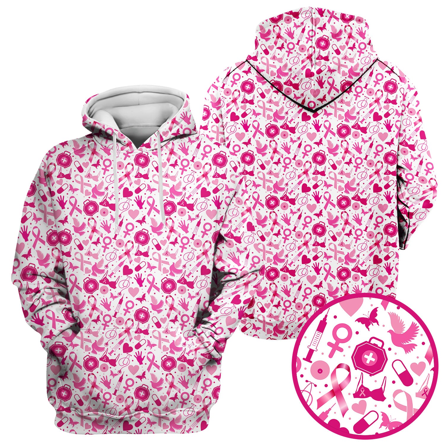 Breast Cancer Awareness Shirt - Pink Ribbon & Nurse Icons Pattern - Gift for RN LPN Healthcare Workers