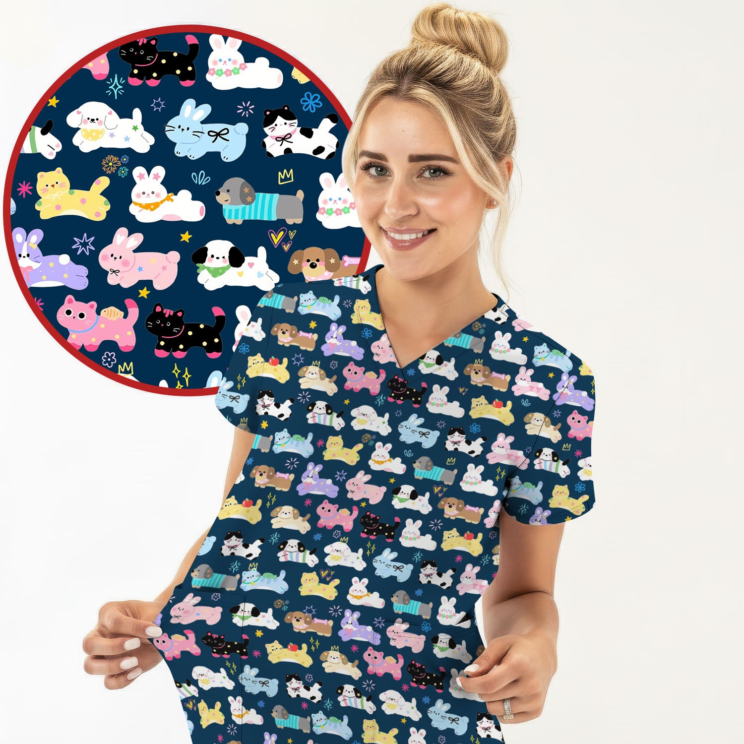 Cute Kawaii Animal Pattern Scrub Top for Women, Breathable Nursing Uniform