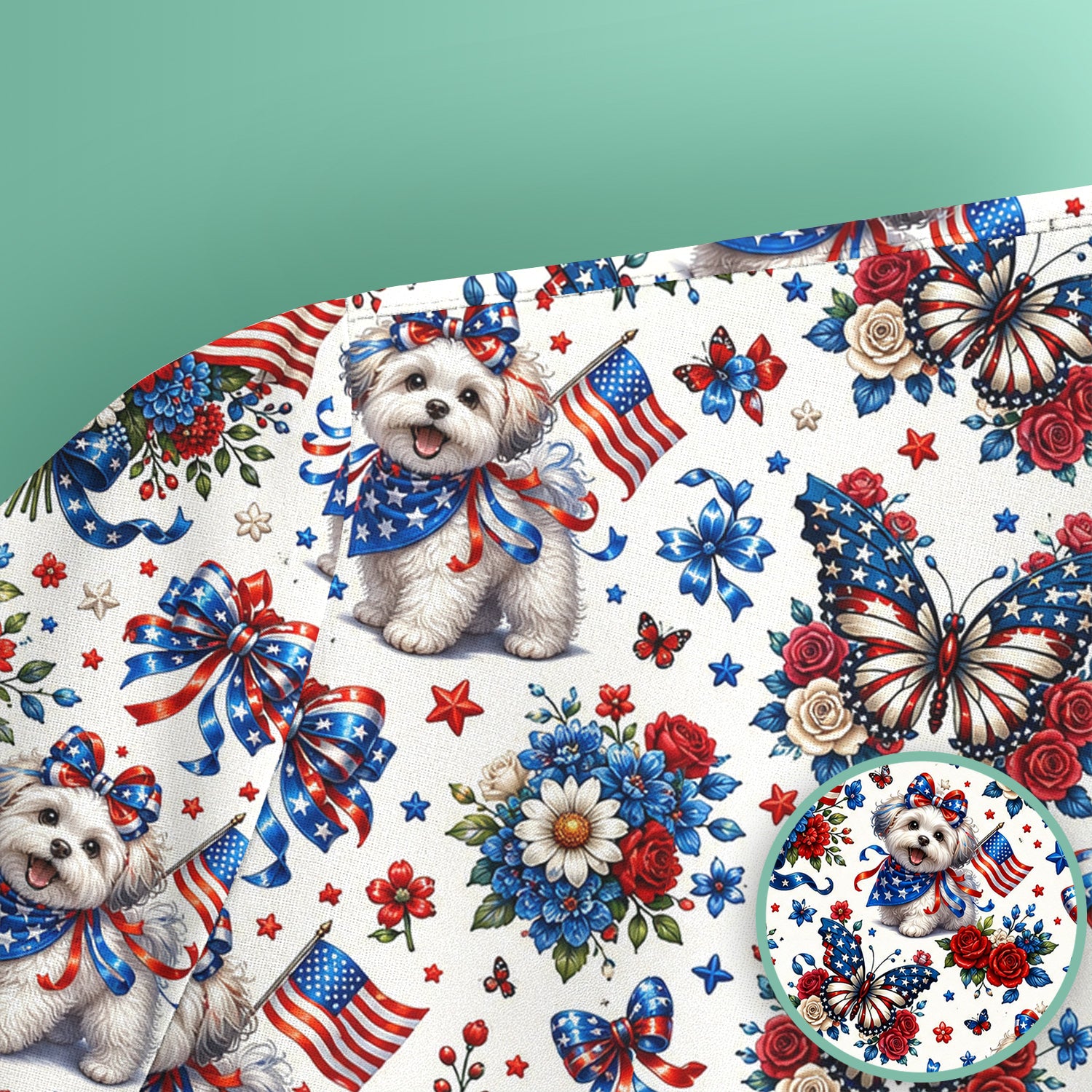 Patriotic Puppy Floral Bouquet Pattern Scrub Top, Comfortable Scrubs for Nurses