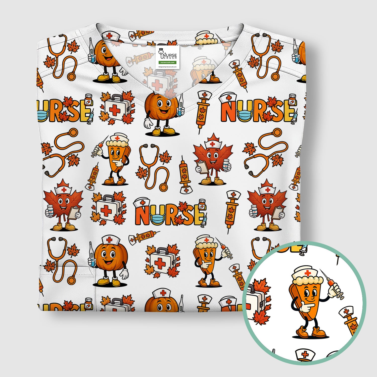 Pumpkin Nurse Scrubs Top for Women - Cute Halloween Nursing Shirt - Funny Fall Scrub Top for Nurses and Medical Workers