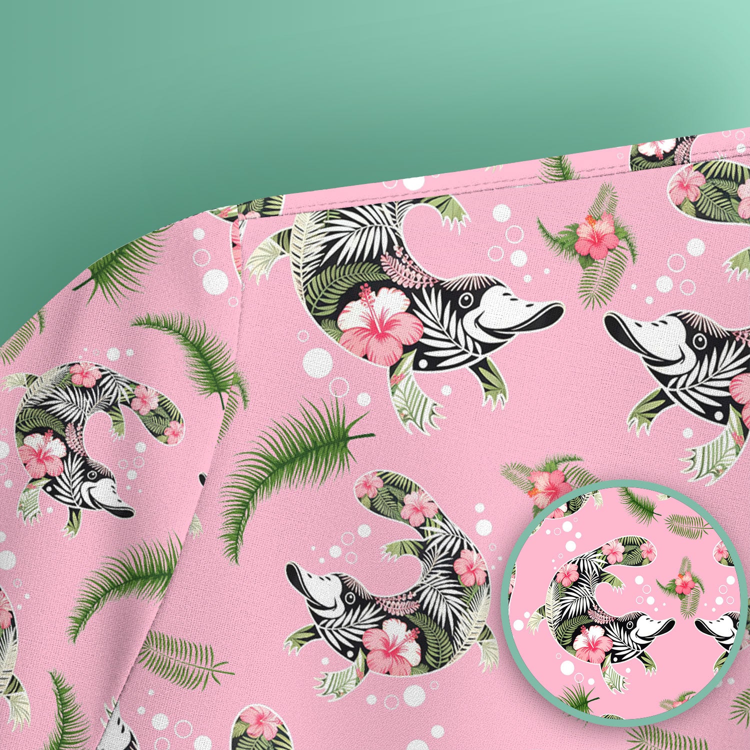 Cute Platypus Scrub Top, Tropical Floral Animal Pattern Nurse Shirt, Breathable Fabrics Nursing Uniform