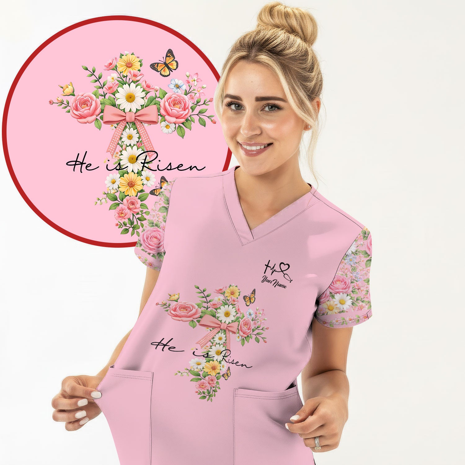 Personalized Meaningful Easter Nurse He Is Risen Floral Cross Bow Pattern Scrub Top, Comfortable Scrubs for Nurses