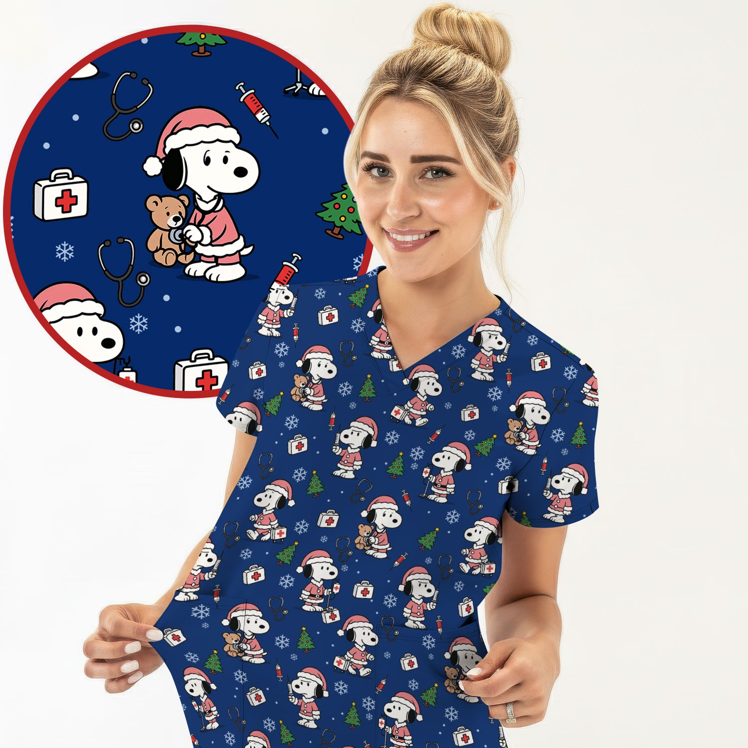 Snoopy Holiday Scrubs Top Multi Colors - Funny Xmas Nurse Shirt Women - Cute Christmas Scrub Top Gift for Healthcare Workers