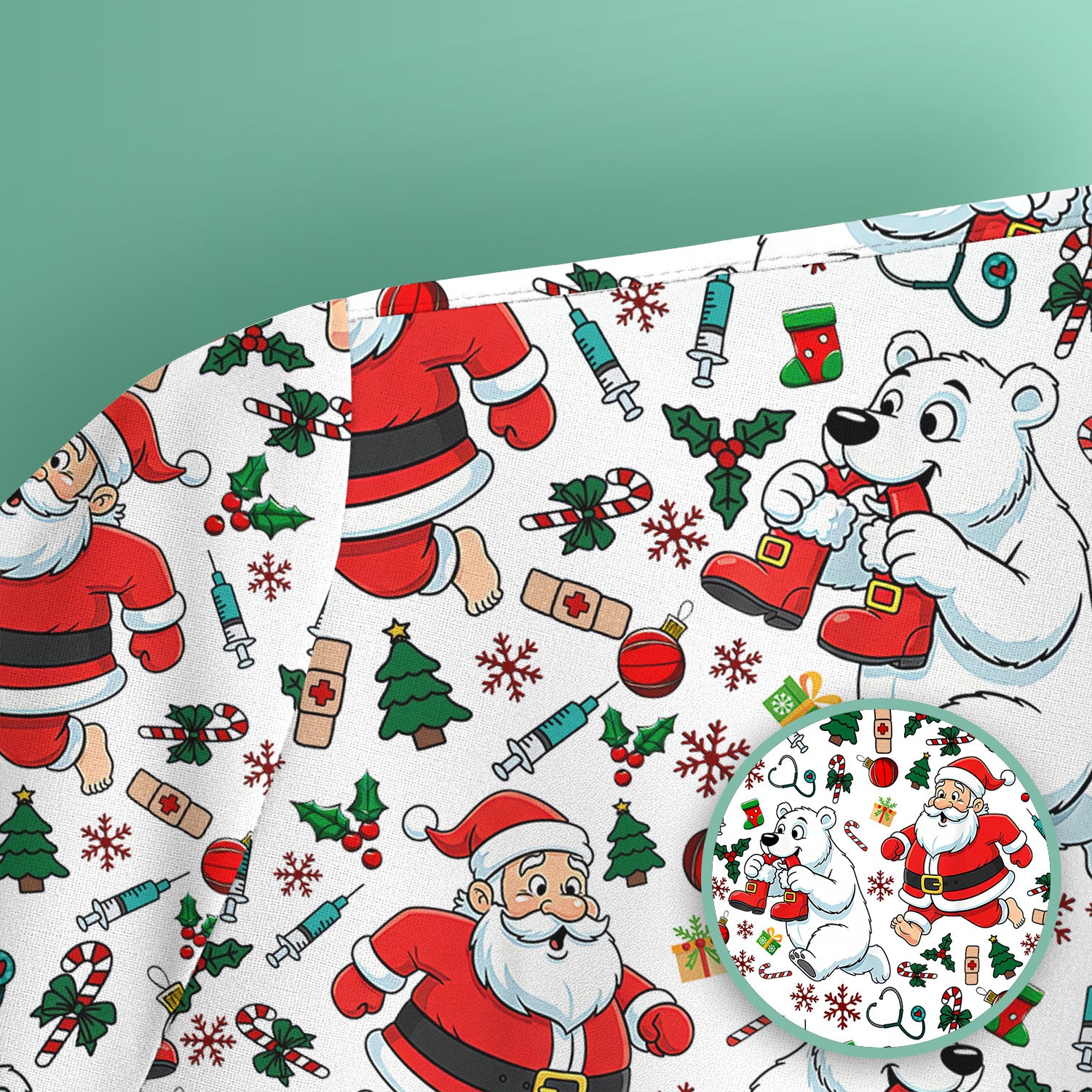 Christmas Santa & Polar Bear Scrub Top - Funny Holiday Nurse Shirt for Women - Cute Winter Medical Uniform