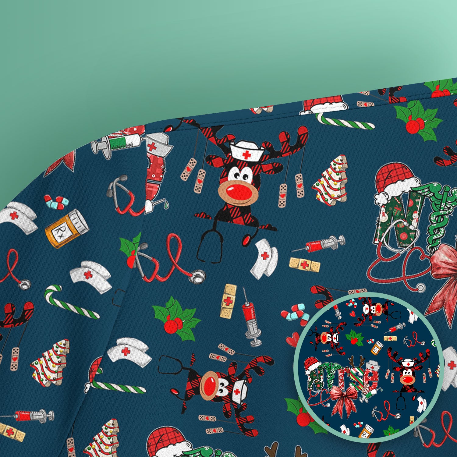 Whimsical Reindeer Christmas Scrub Top – Festive Holiday Reindeer Pattern – Cute Medical Uniform for Nurses, Vets and Healthcare Workers