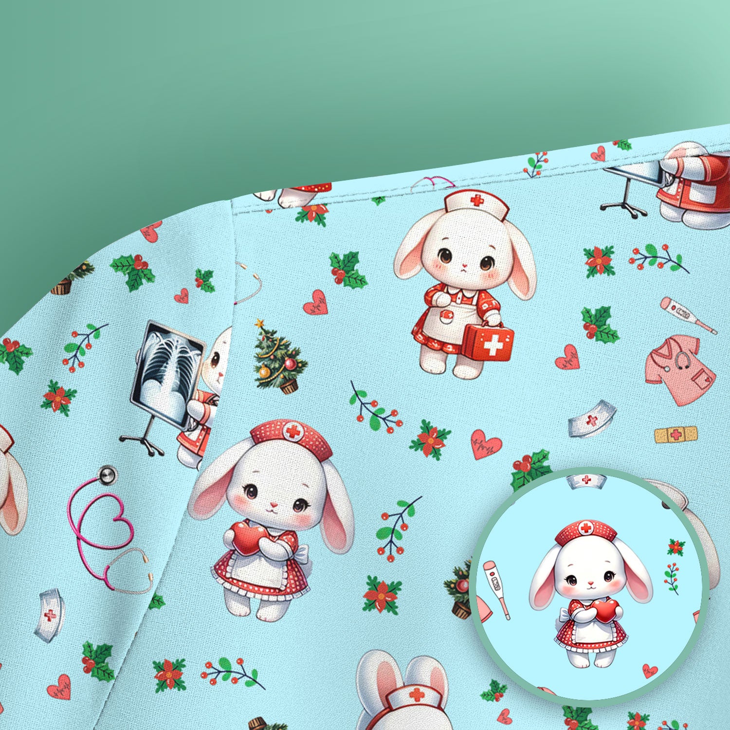 Cute Bunny Scrub Top for Nurse - Adorable Christmas Rabbit Shirt - Funny Holiday Medical Shirt Gift for Women RN LPN CNA