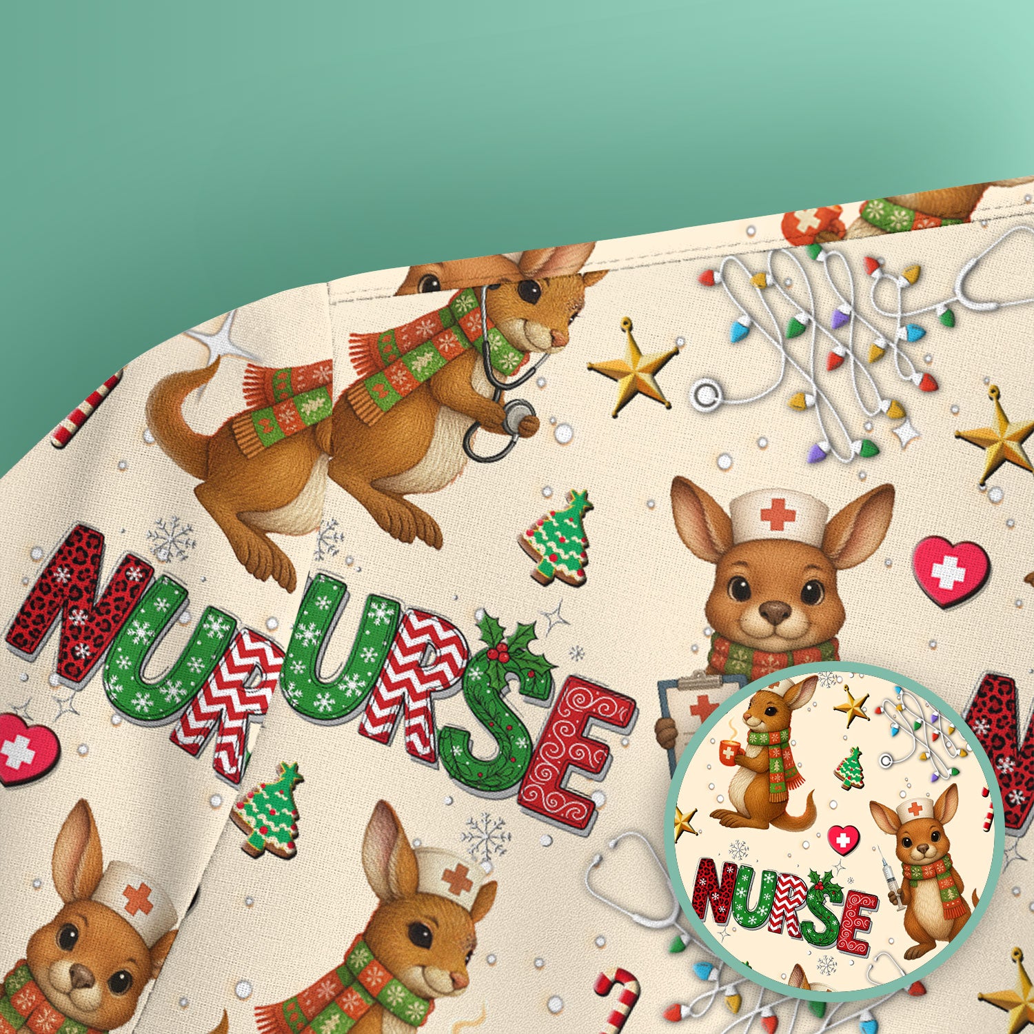 Aussie Kangaroo Christmas Scrub Top - Funny Holiday Nurse Shirt for Women - Cute Animal Medical Uniform
